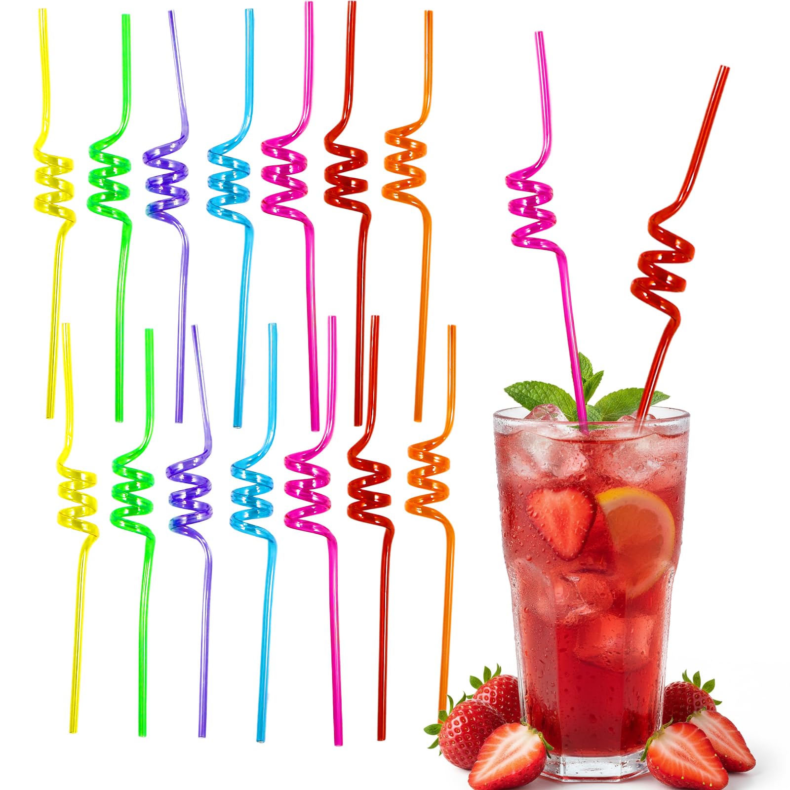 JEKUGOT 14 Pcs Curly Straws, Plastic Straws Reusable, Coloured Cocktail Straw for Home Bar, Kids Birthday Party, Beverage Decorations Supplies
