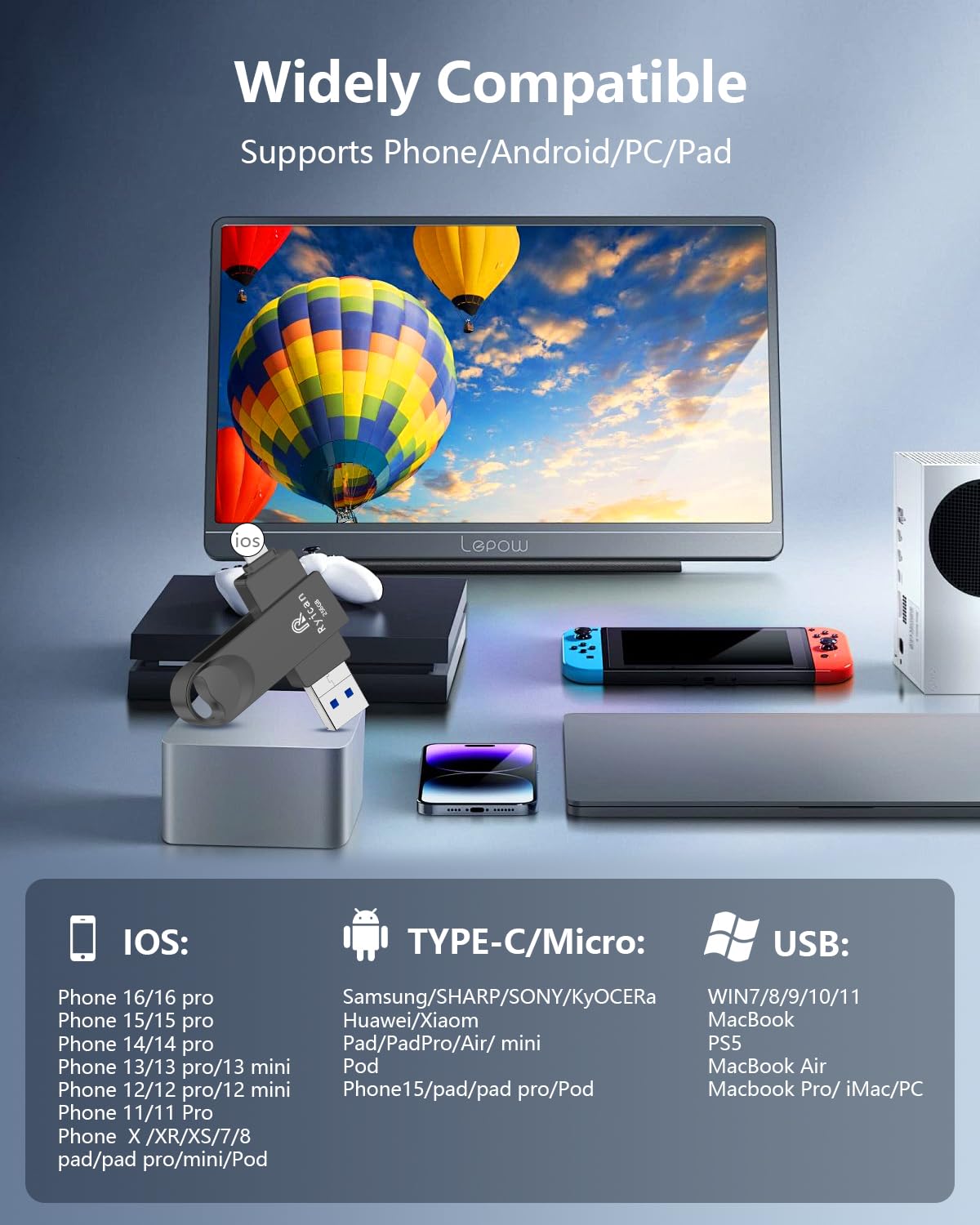 [Senza APP] Chiavetta USB per lPhone,Ryican 256GB Memoria Esterna Pendrive USB C 3.0 Chiavetta per lPhone per scaricare foto 4 in 1 Photostick per iOS/Smartphone/Pad/Android/PC/Tablet,Nero