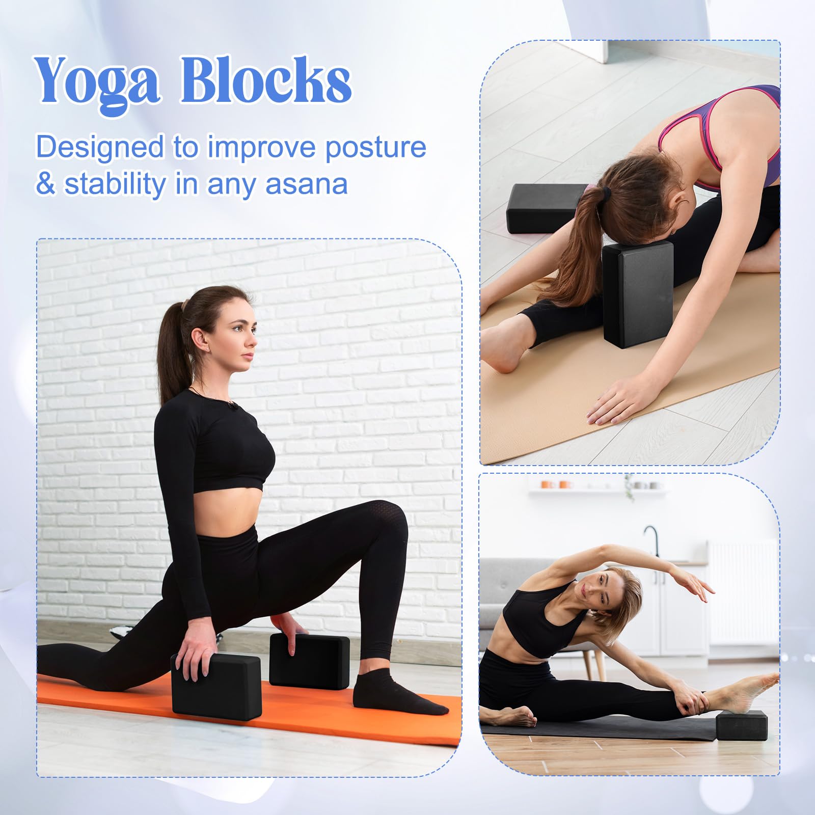RoundFunny 5 Pcs Yoga Blocks Knee Pads Yoga Strap Set Soft Premium Foam Blocks Accessories for Pilates Meditation General Fitness Stability, Kneeling, Balance, Deepen Stretches and Toning