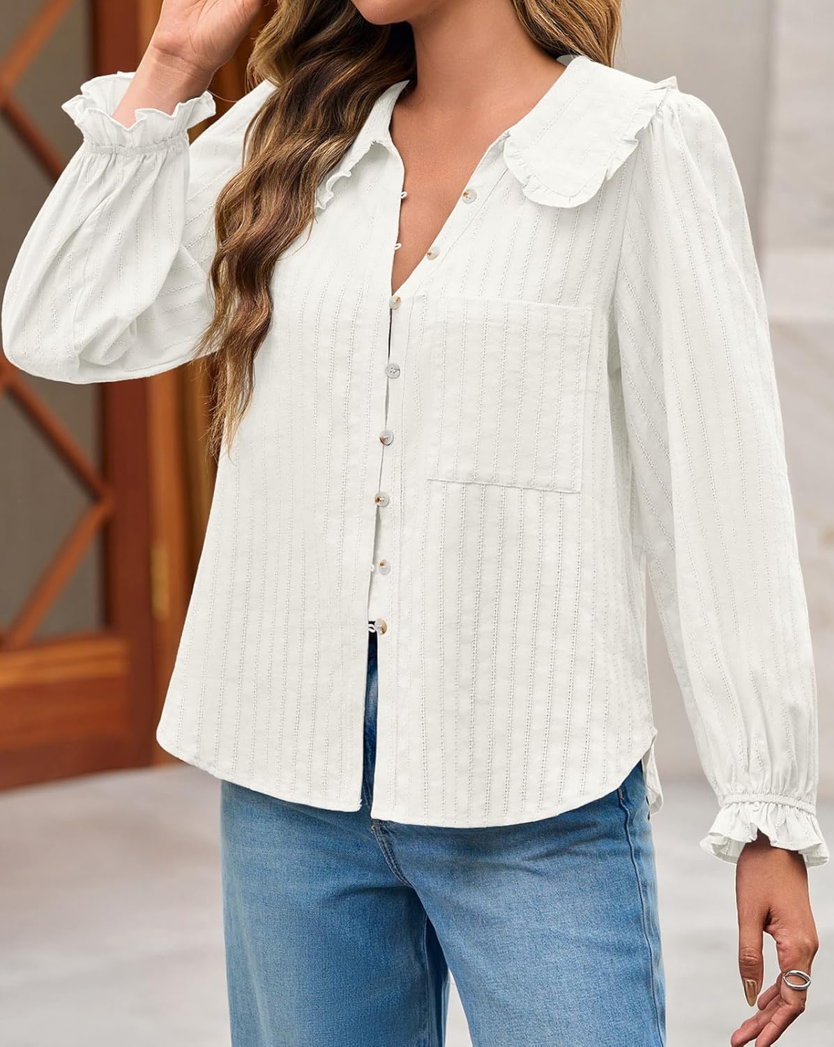 Tankaneo Womens Peter Pan Collar Shirts Puff Long Sleeve Button Down Cotton Blouse Casual Fall Textured Tops - Image 5