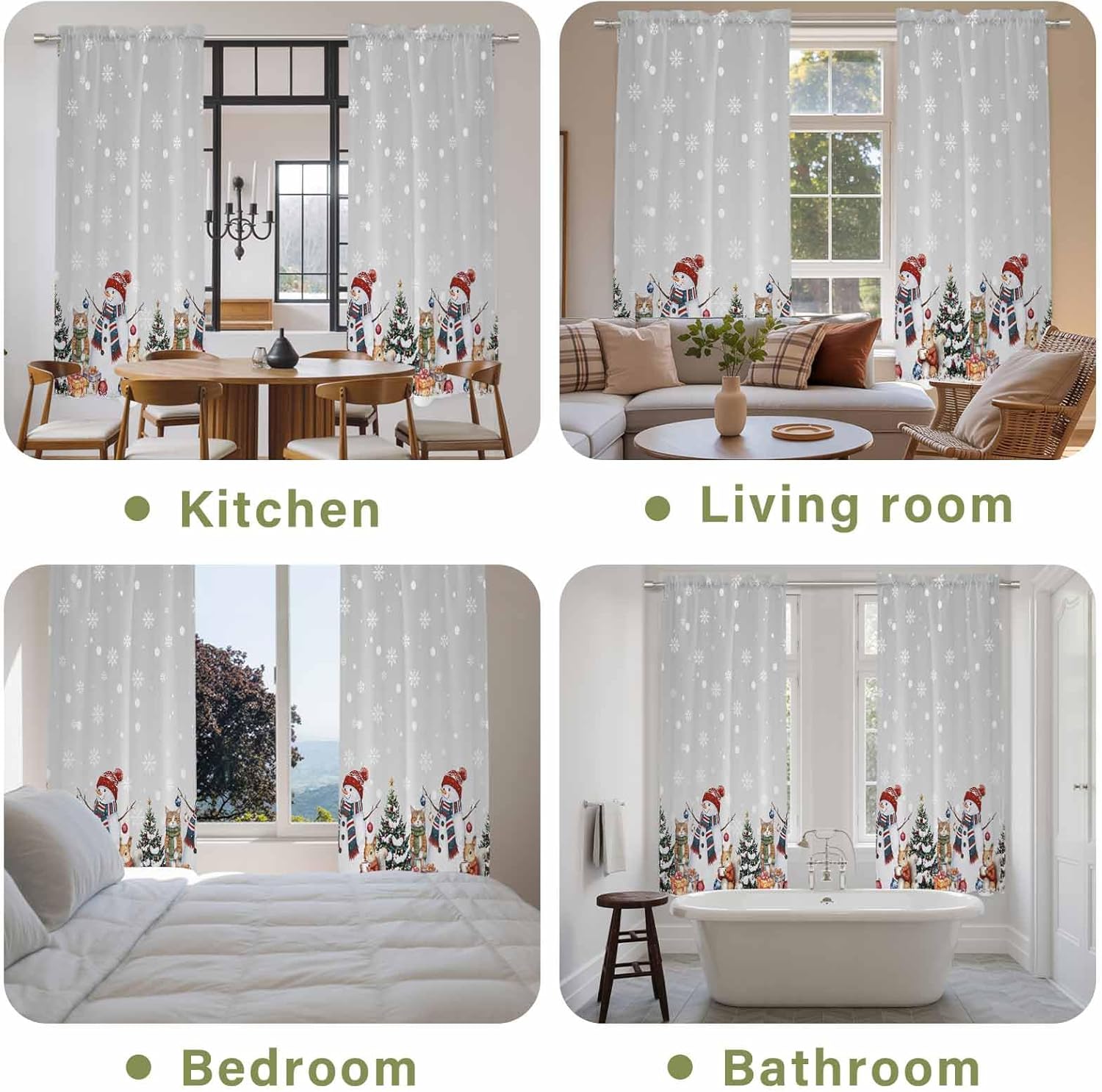 Grey Christmas Window Curtains 72 Inch Long 2 Panel Set, Rod Pocket Long Curtains & Drapes, Winter Snowman Cat Squirrel Xmas Tree Light Filtering Window Treatment for Bedroom Living Room 52"W x 72"L