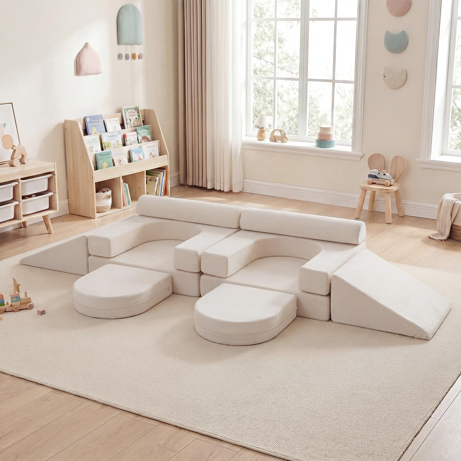 COSTWAY 10-teiliges modulares Spielsofa, Kindersofa ausklappbar mit abnehmbarem & waschbarem Bezug aus Wildleder, Schaumstoff Bausteine für Kinderzimmer, Kindercouch für Kinder ab 3 Jahren (Beige)