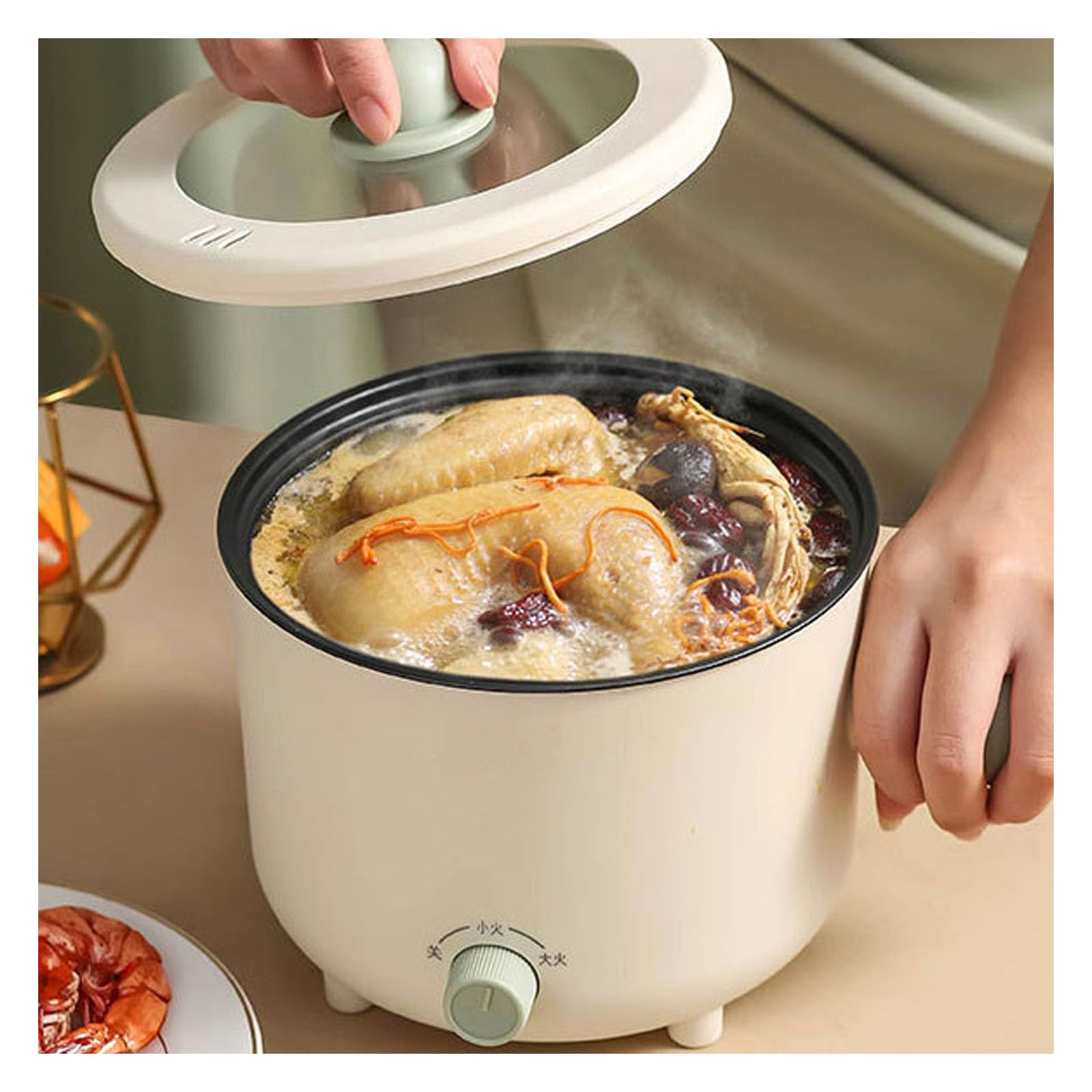 Elektryczny gorący garnek 1,8 l, przenośna wielofunkcyjna kuchenka z pokrywką, okrągła patelnia i parowar do makaronu, owsianki, ramenu, steków, łatwy w użyciu i czyszczeniu