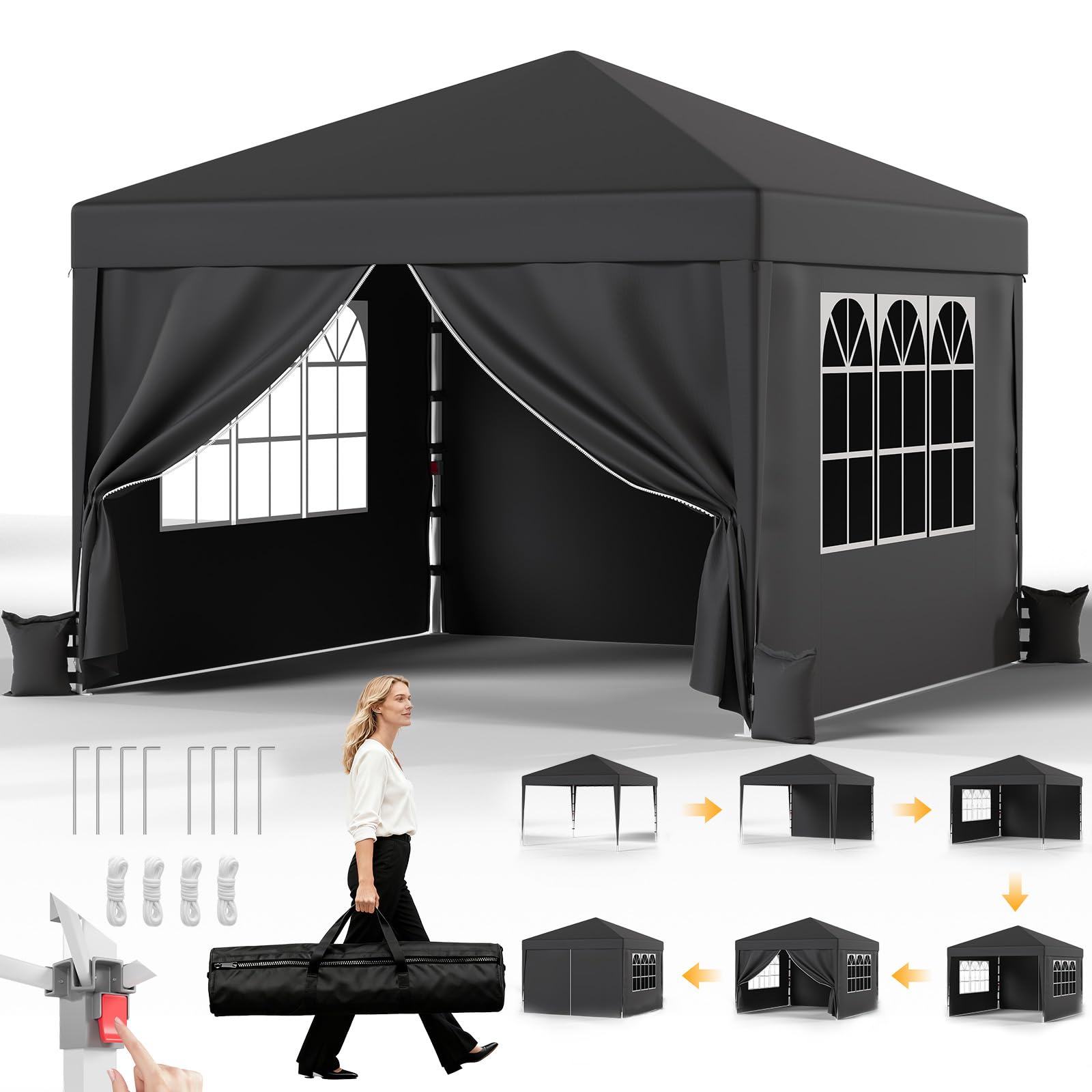 JUMMICO Gazebo 3x3m Pieghevole, Altezza Regolabile, Struttura Stabile, Copertura Esterna Resistente e Impermeabile, con Pareti Laterali, con 4 Sacchi di Sabbia di Peso e Sacca da Trasporto, Grigio