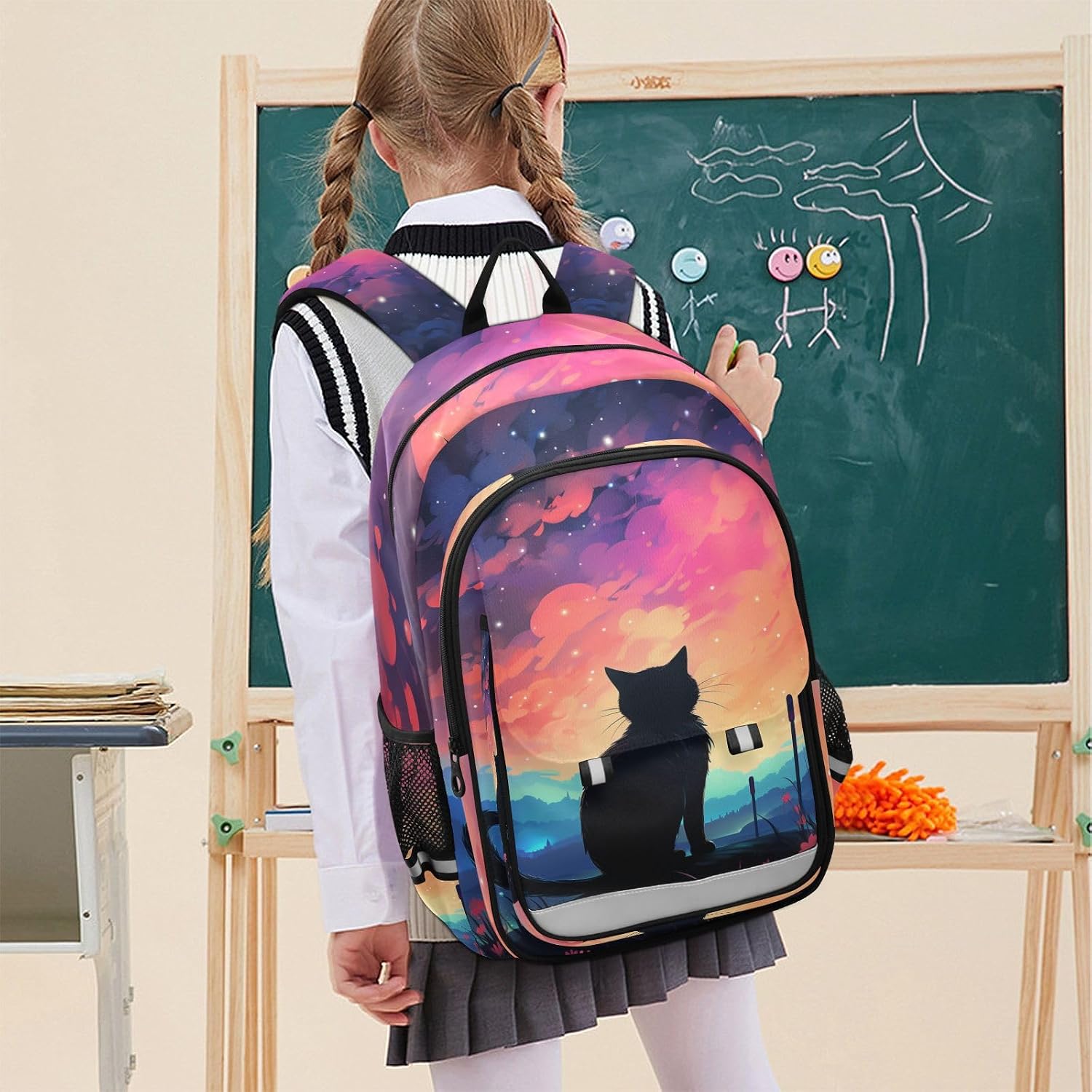 Black Cat Starry Sky Backpack Kids School Bag Lightweight Laptop Backpack Elementary Capacity Student Bookbags for Travel Daypack with Reflective Stripes