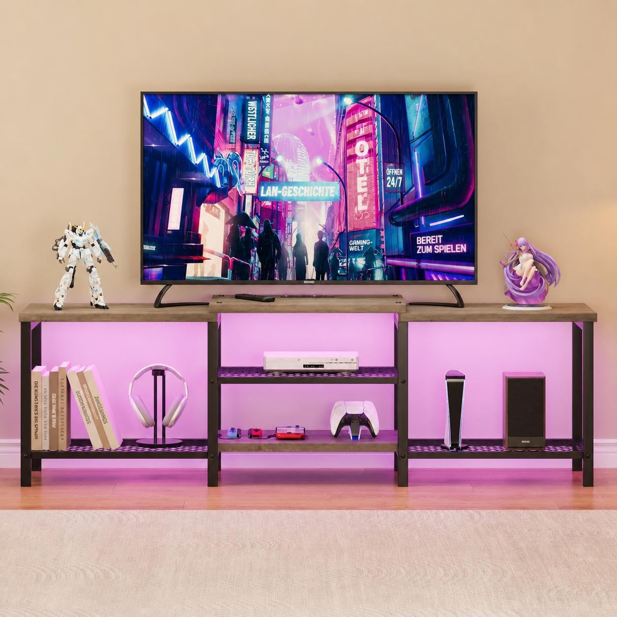 Garvee TV-Lowboard für Fernseher bis 75 Zoll – Modernes Medienmöbel mit LED-Beleuchtung, Steckdose – Offene Ablagen – Viel Stauraum als TV-Konsole oder Wohnzimmerschrank – Farbe: Grau