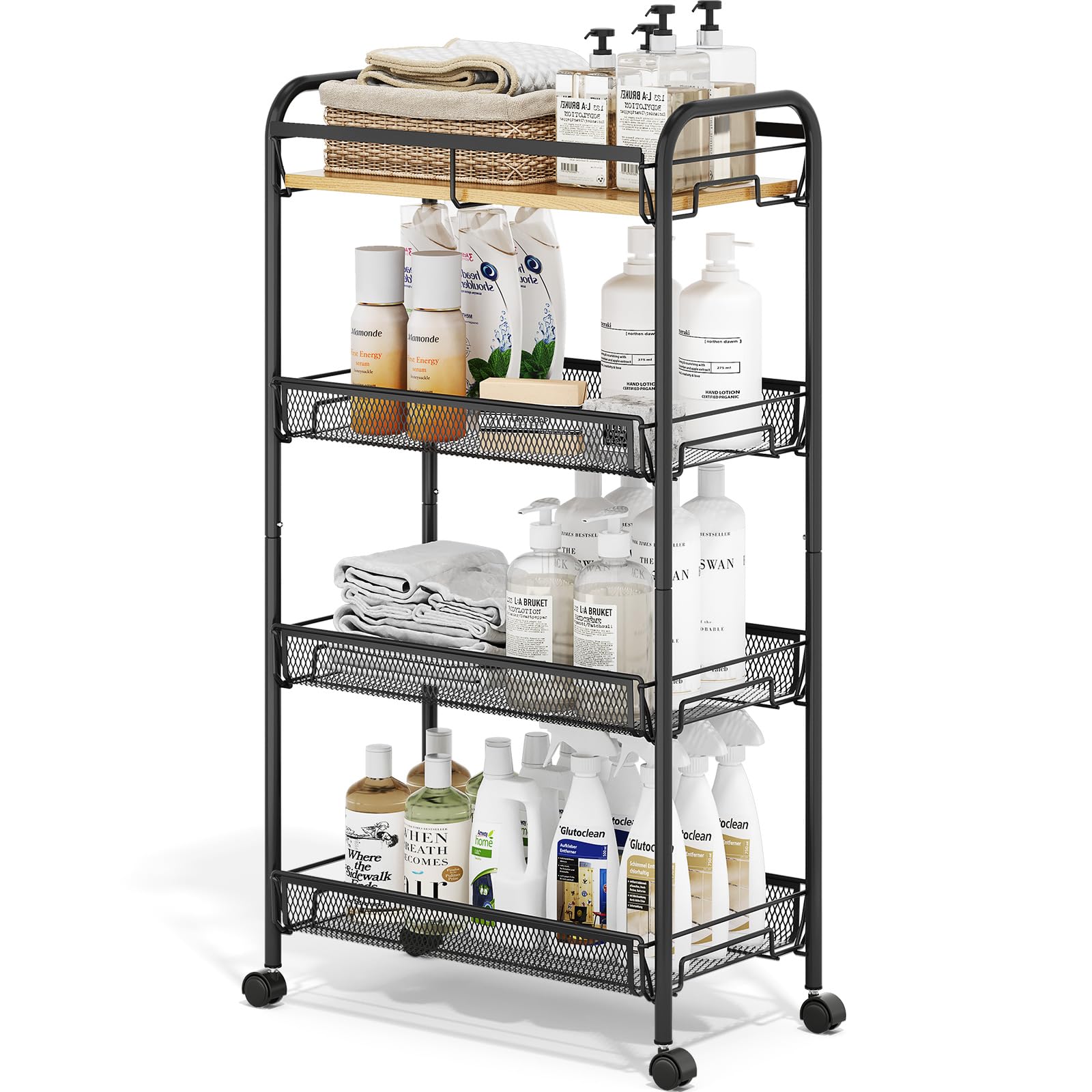 KINGRACK 4-Tier Narrow Kitchen Trolley with Wheels, Wooden Top  Sliding Baskets, Metal Rolling Cart for Tight Spaces in Kitchen, Bathroom, Dorm  Bedroom, Black