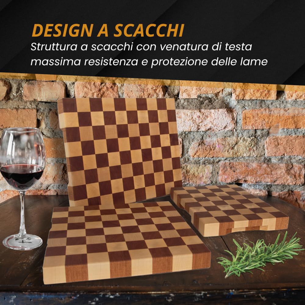 Arte del Legno, Tagliere da Cucina in Legno Professionale dim. 40x40xh4.5- con Venatura a Scacchi, Tagliere Massello di Acero e Mogano con Olio Naturale - Stabile e Antiscivolo