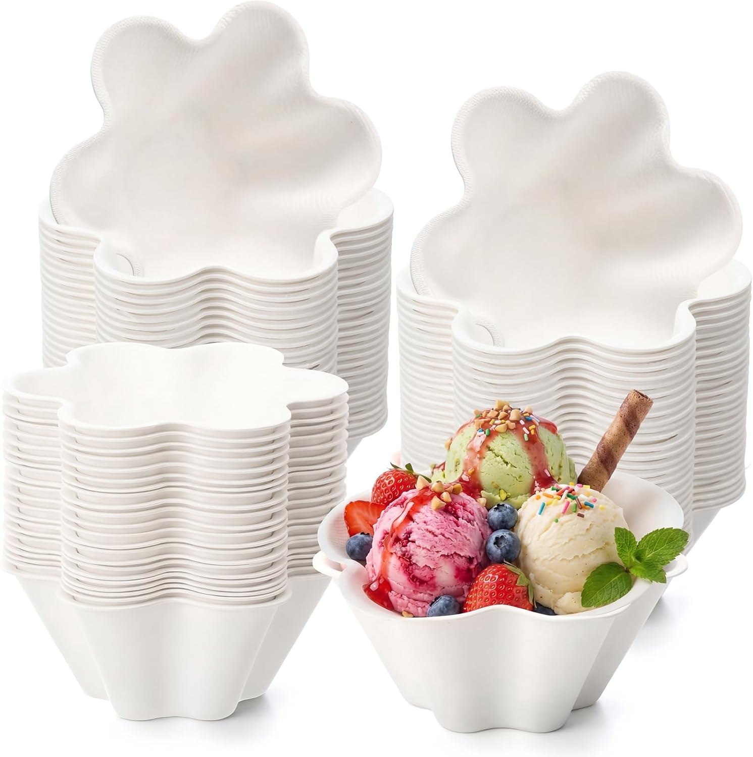 Honeydak 50 Pcs Ice Cream Bowls Compostable Flower Shape Paper Bowls 8 oz Heavy Duty White Disposable Flowers Cone Cups for Dessert Cake Snack Summer Wedding Birthday Party Supplies(Classic Flower)