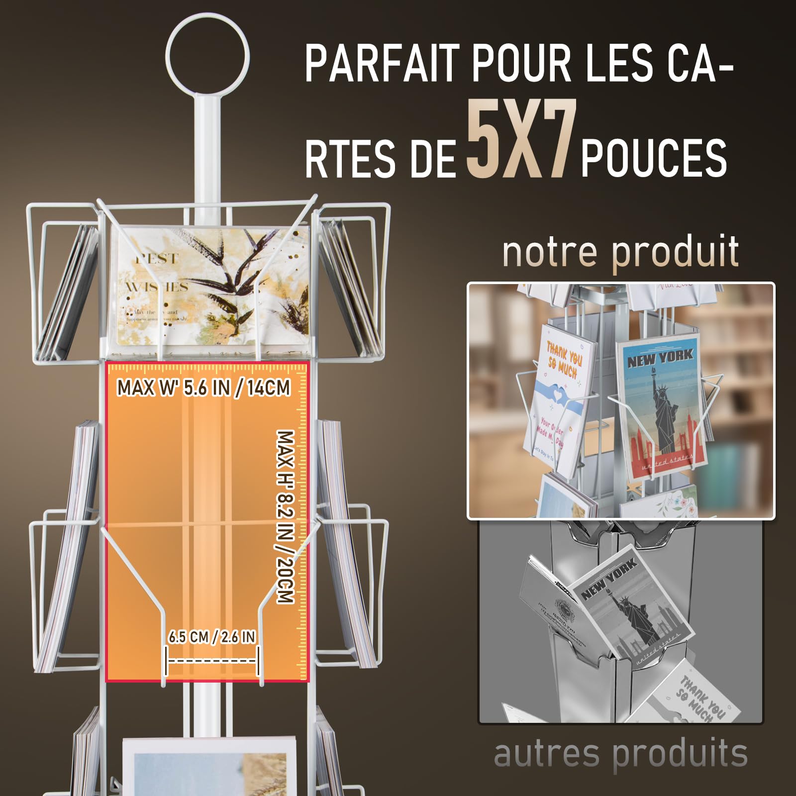 ANBOXIT Présentoir carte postale rotatif, porte carte postale, pour cartes de vœux, autocollants, cartes cadeaux de vacances, vente au détail, métal Blanc 12 pochettes