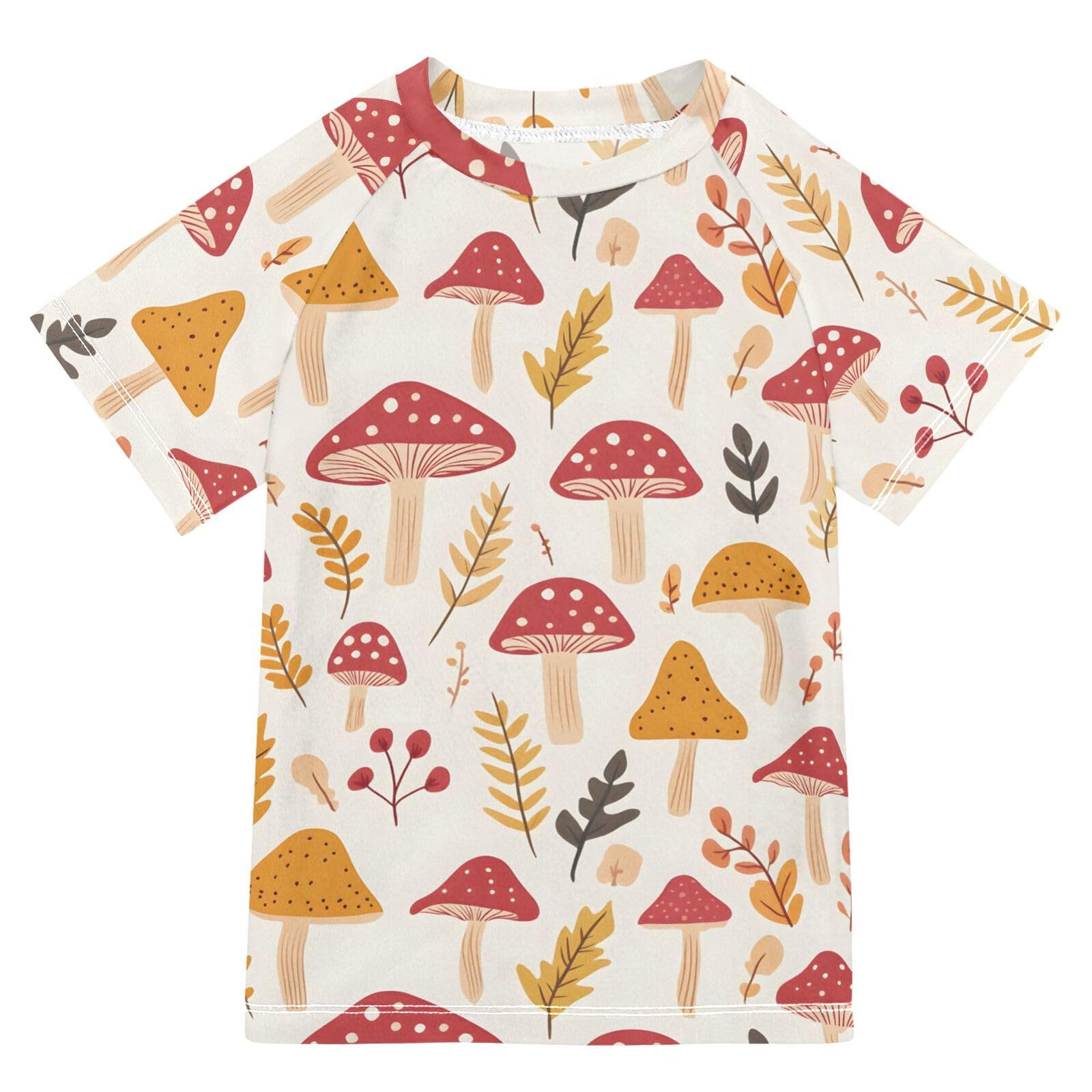 ALAZA Kids Rash Guard Toddler Swim Shirt Boy Girls Mushrooms Yellow Red UPF 50+ Short Sleeve 4T