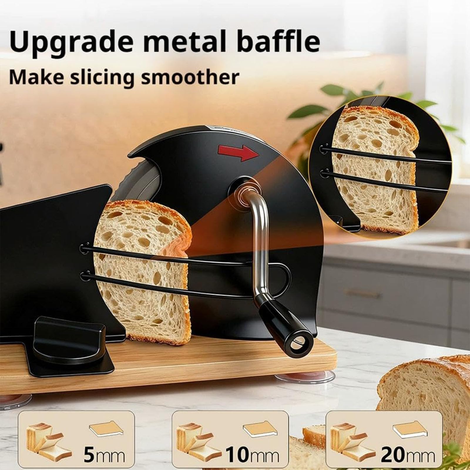 Cortador de pan manual con grosor ajustable, manivela de acero inoxidable, base de madera maciza, ventosas antideslizantes para masa madre, tostadas y pastelería