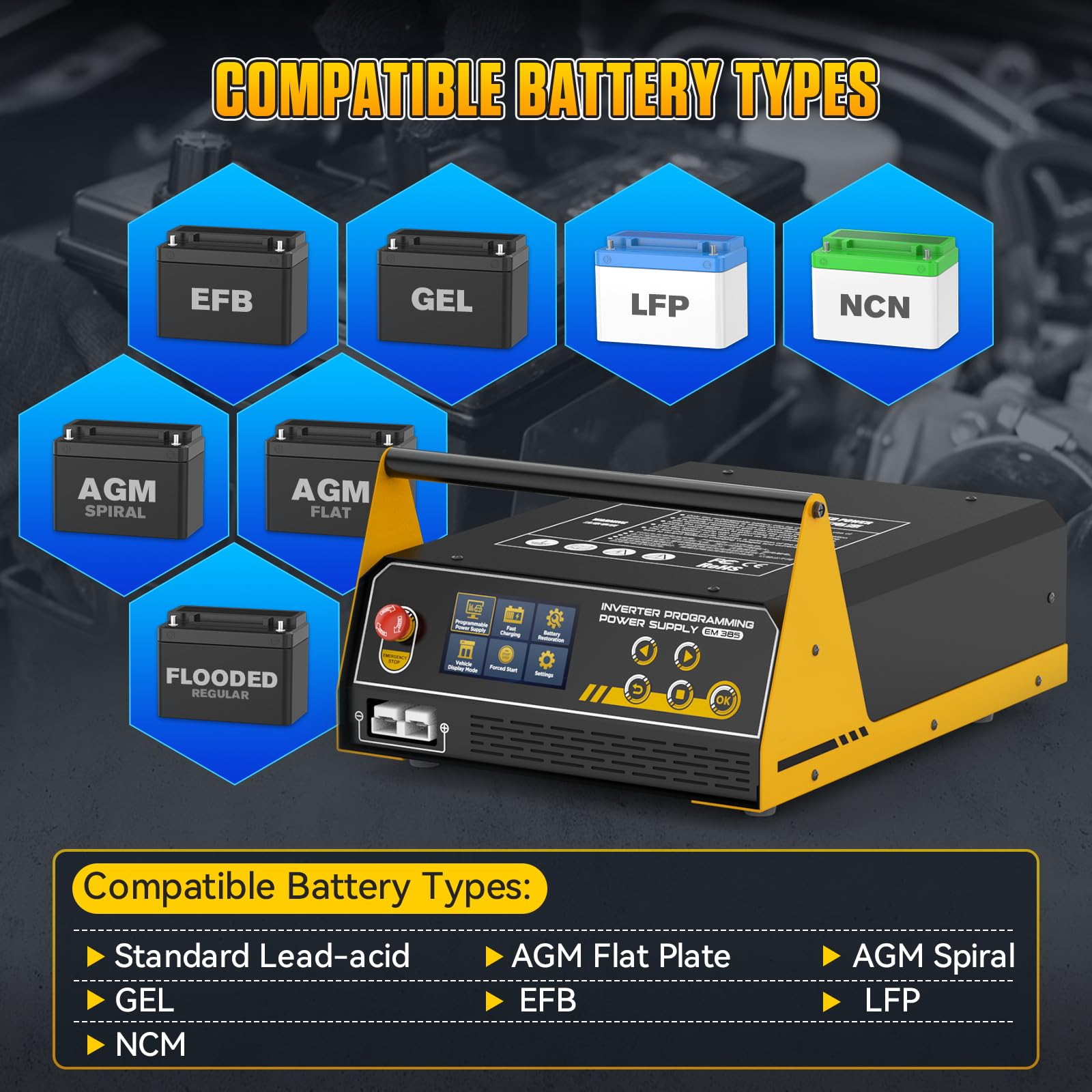 Inversor de potencia automotriz EM385 Programación de ECU y fuente de alimentación de CC de 9-16 V ajustable Programación de potencia, carga rápida, arranque auxiliar y reparación de baterías de litio