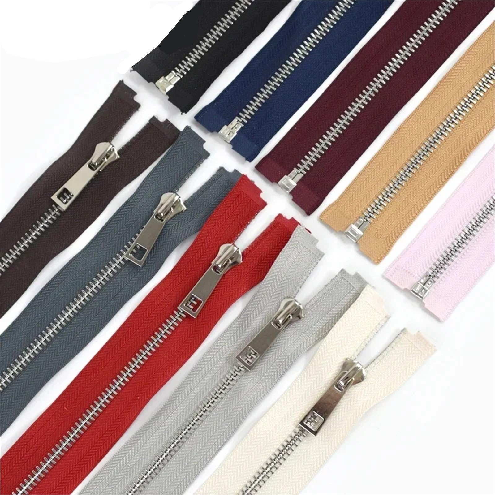 Cremallera de metal 5 #, 40/50/60/70/80 cm, apertura simple, dientes plateados, ropa, cierres de coser(60 cm, 5 # 10 unidades)