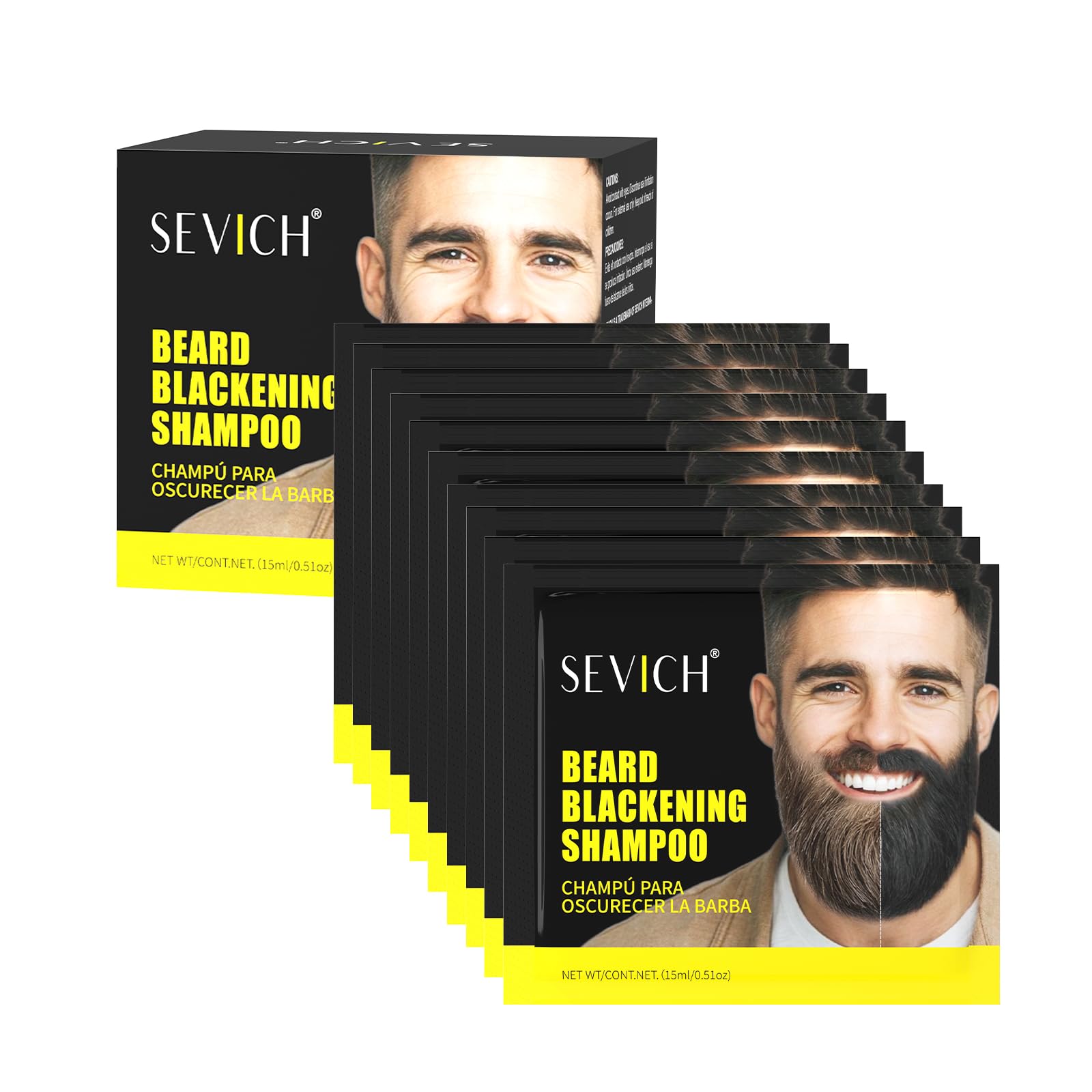 SEVICH Beard Blackening Shampoo for Men - Instant Natural Black Color, Anti-Hair Loss Formula, 10x15ml Travel-Friendly Packets | Safe & Gentle Beard Dye with Nourishing Care
