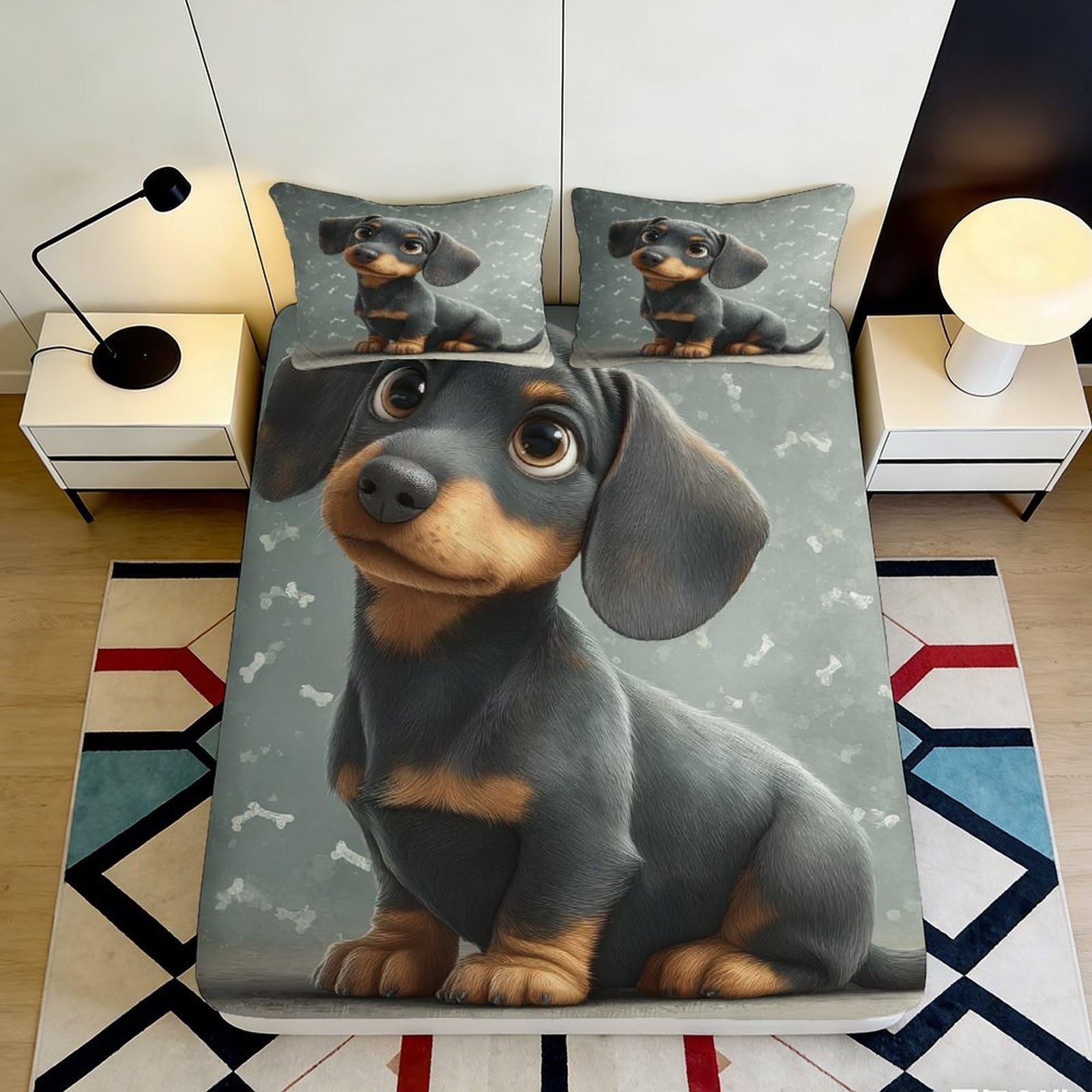 3D Printed Dachshund Dog Fitted Sheet Microfiber Soft Grey Cartoon Bed Cover for Bedroom Guest Room Mattress Protection Decor 120x200x25cm