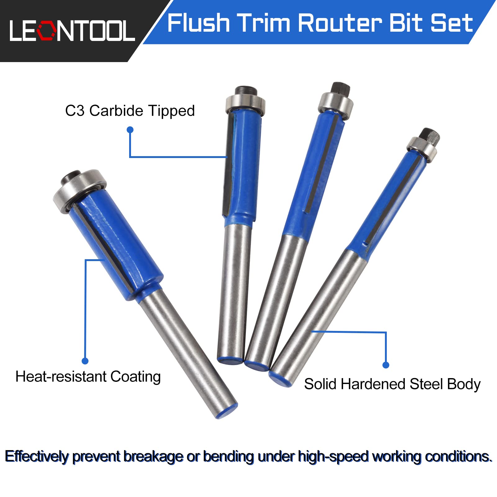 LEONTOOL Lot de 4 fraises à défoncer de 6,35 mm avec tige supérieure de 6,35 mm - Outil de fraisage du bois pour couper les bordures d'étagère, le placage ou les stratifiés