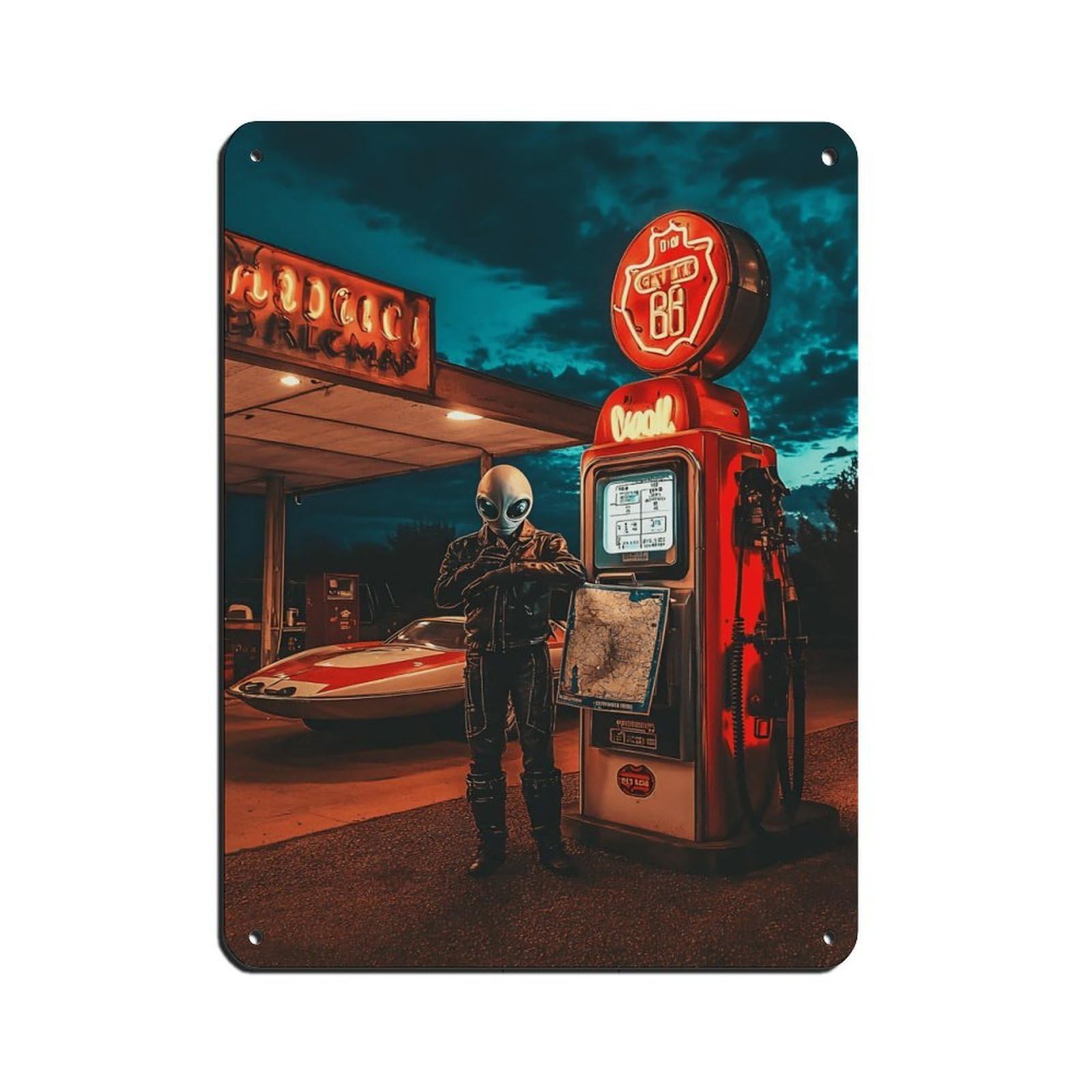 Vintage Alien Gas Station, Retro Sci-Fi Poster Tin Sign Vintage Metal Pub Club Cafe Bar Home Wall Art Decoration Poster Retro 12x16inch(30x40cm)