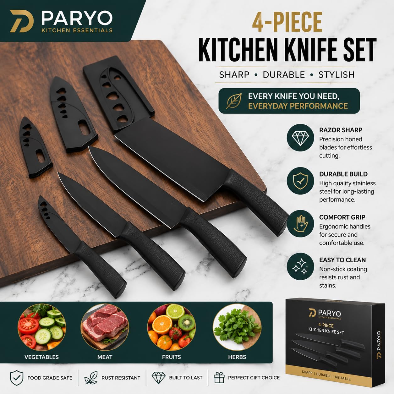 PARYO Kitchen Knife Set with Sharpener - 3 Piece -4
