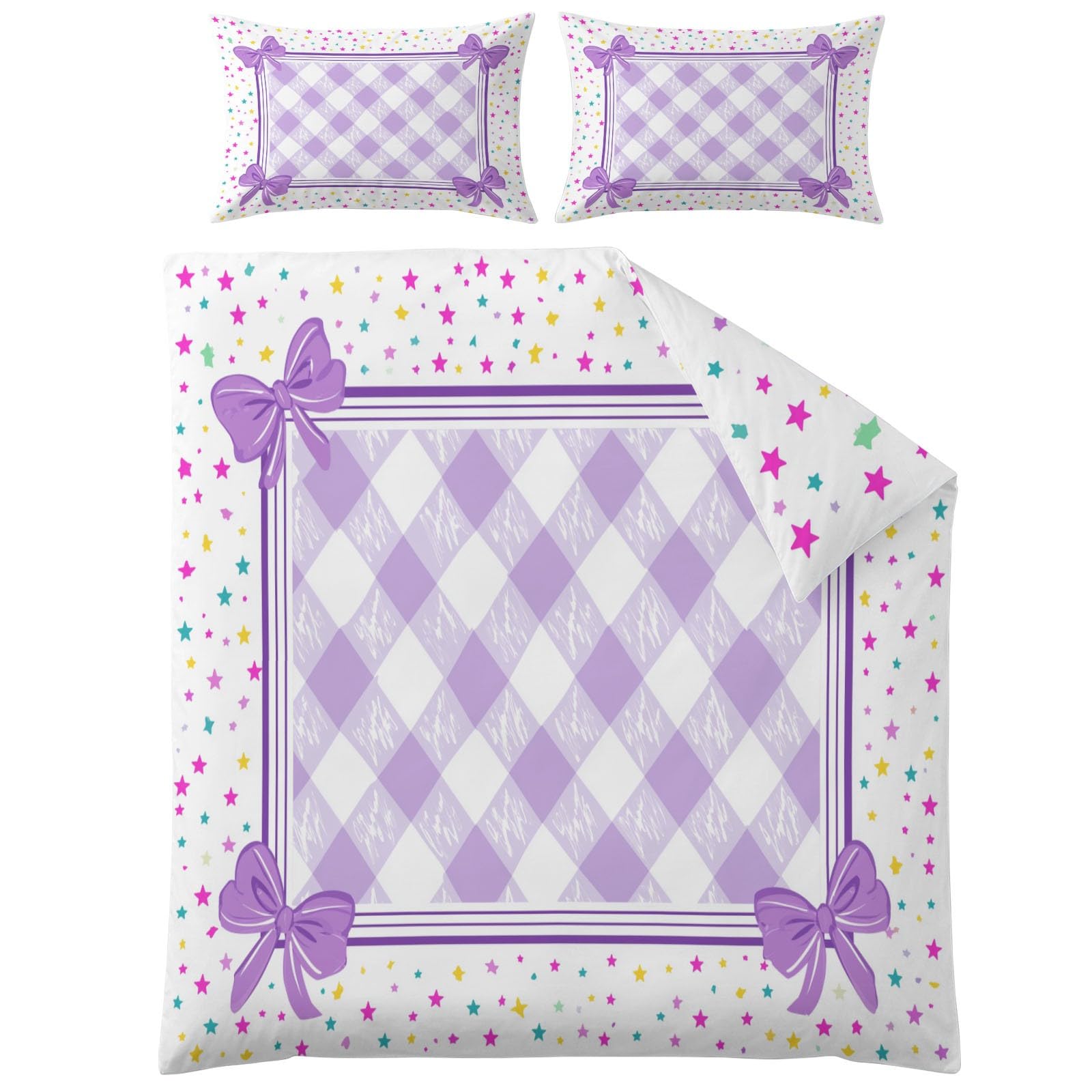 Générique Durable - Copripiumino decorativo a quadretti, 155 x 220 cm | Reversible - Set di biancheria da letto con fiocco a pois, stampa 2 persone, viola e set in microfibra, morbido e traspirante