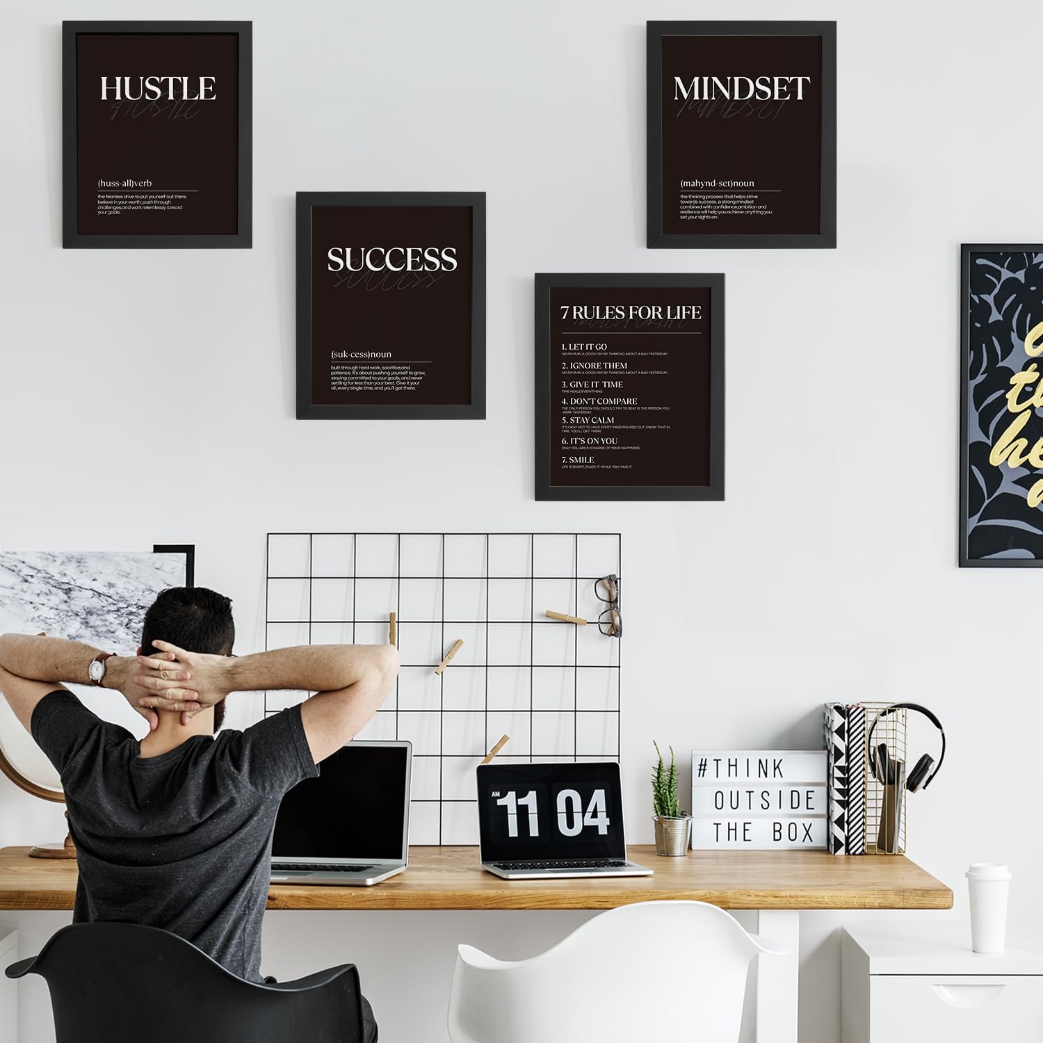 Juego de 4 cuadros motivacionales negros sin marco para decoración de pared, impresiones motivacionales negras para decoración de pared, póster de Tredny para decoración de oficina, hogar, habitación