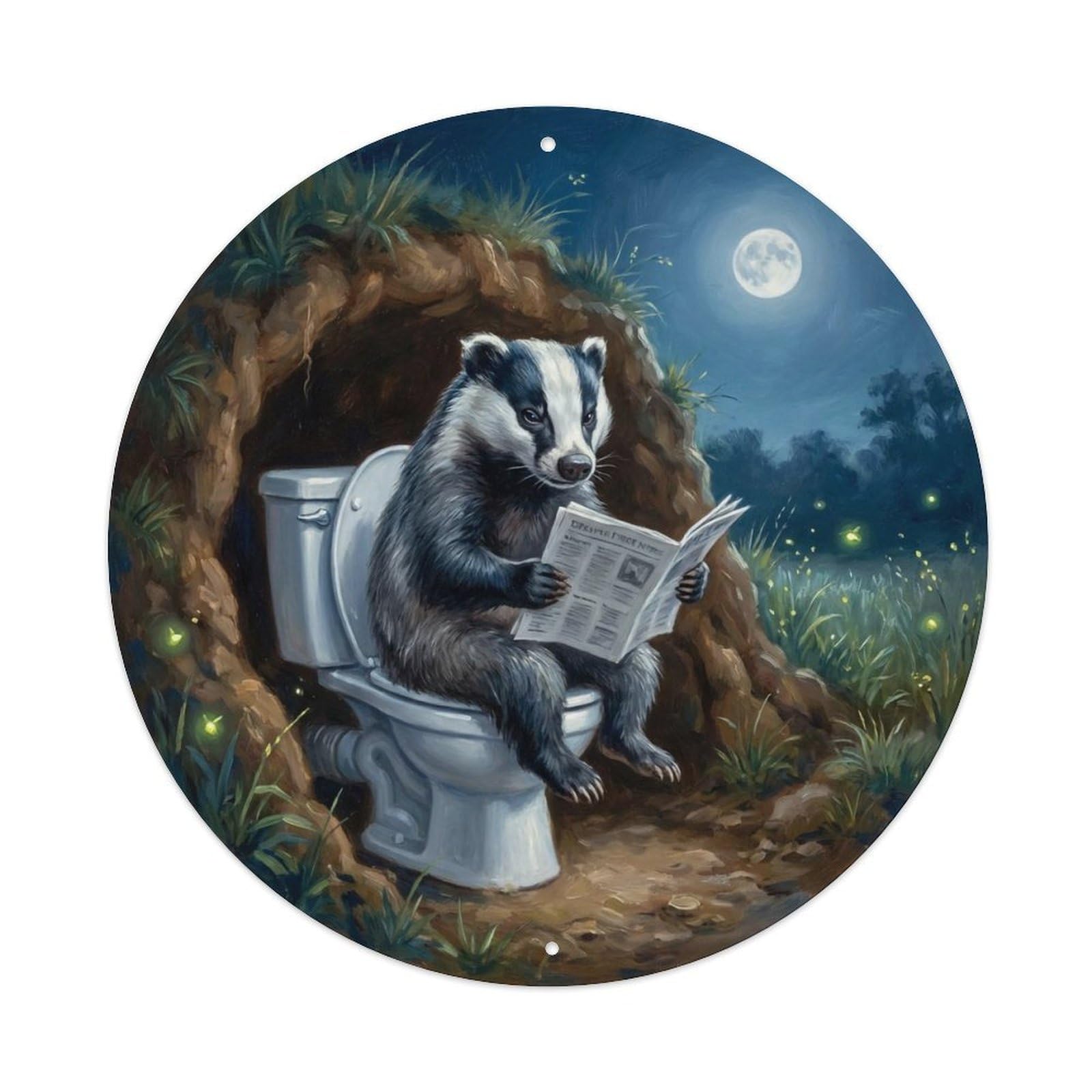 Badger On Toilet Humorous Bathroom Moonlit Burrow Metal Tin Sign