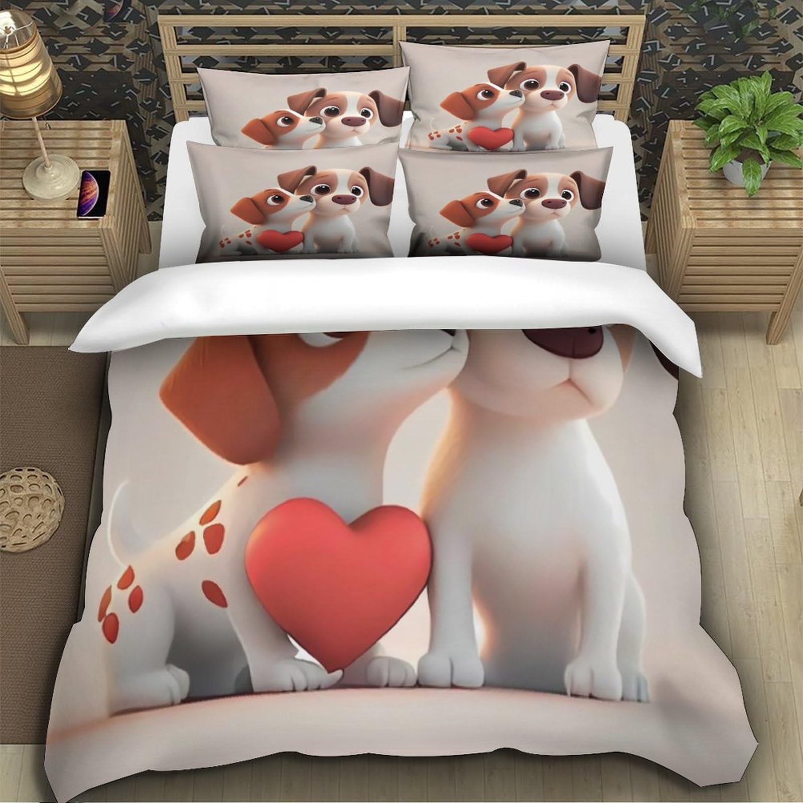 Niedliche Cartoon 3D Druck Hund Duvet Cover Mikrofaser Schlafzimmer Dekor Welpen Pärchen Bettwäsche Set Hautfreundlich Atmungsaktiv für Erwachsene Jugendliche Super King（260x220cm）