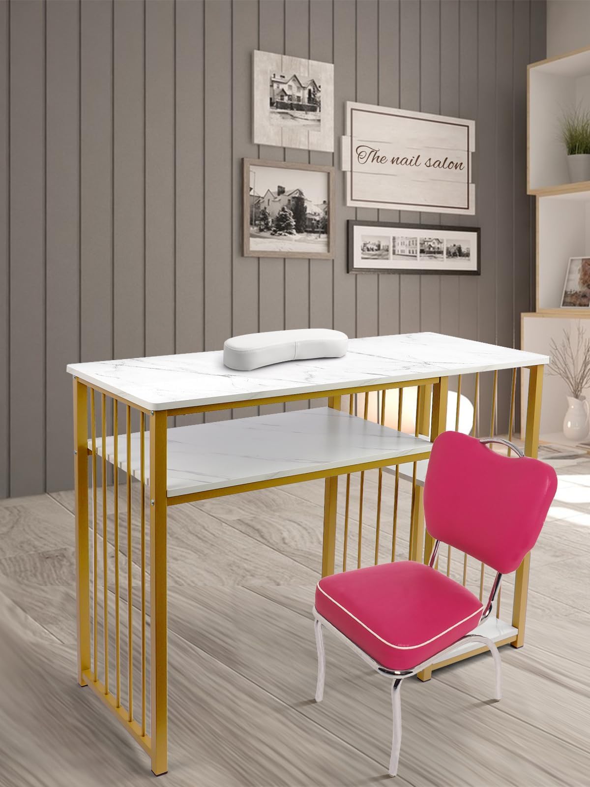 EBANKU Mesa de Manicura, Mesa de Manicura de Doble Capa con Estampado de Mármol Escritorio de Técnico de Uñas con Reposabrazos para Técnicos de Uñas