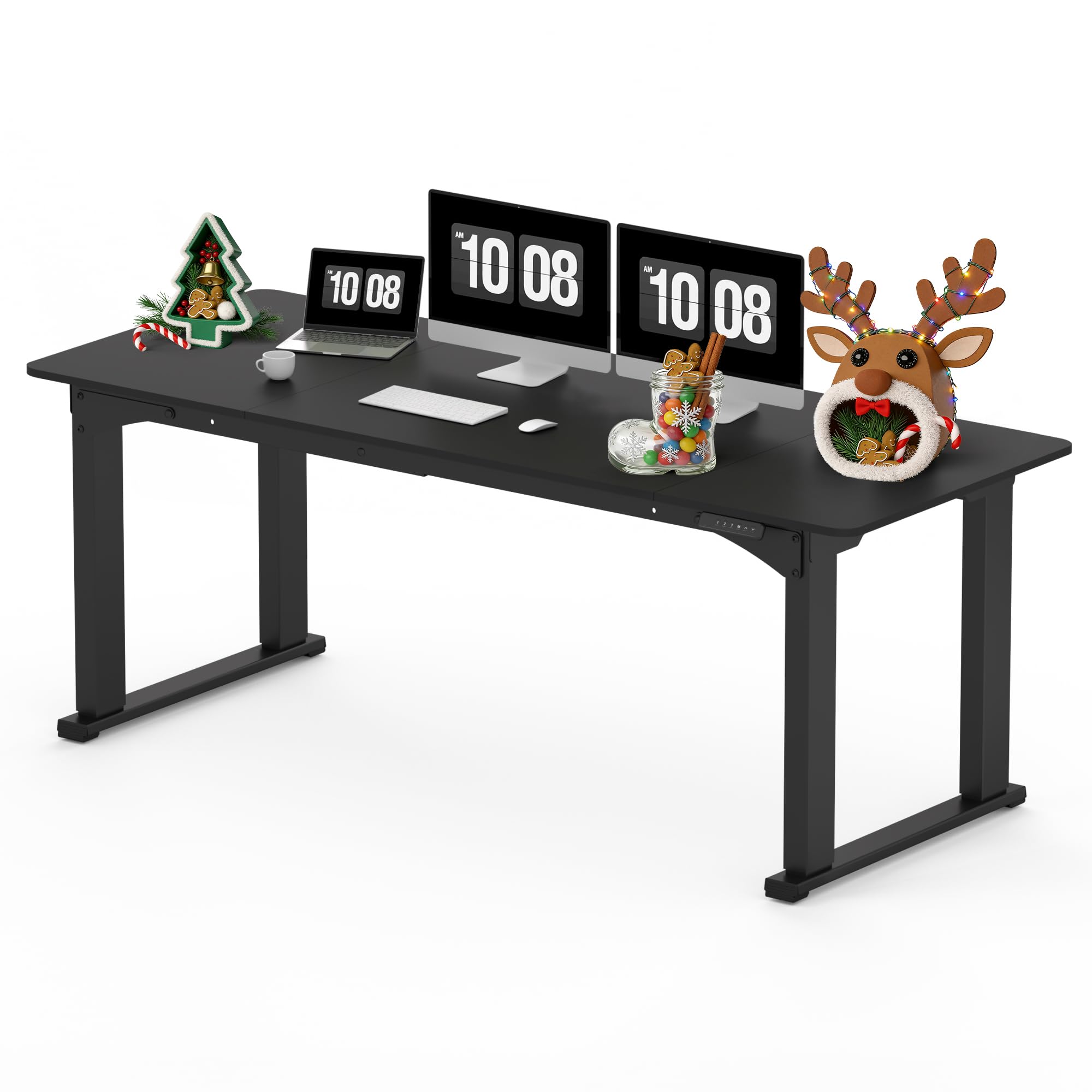 SANODESK 4-Leg Electric Height Adjustable Standing Desk in a modern office setting with dual monitors.