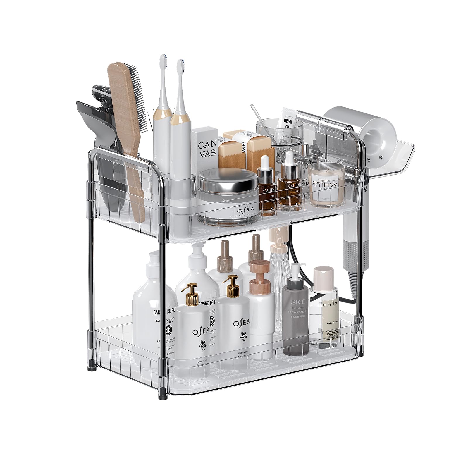 AmzAge Makeup Counter Organizer With Hair Dryer Holder, Bathroom Countertop Storage, Cosmetics Skincare And Personal Hygiene Products Organizer,Perfume for Dresser Vanity Tray (Transparency)