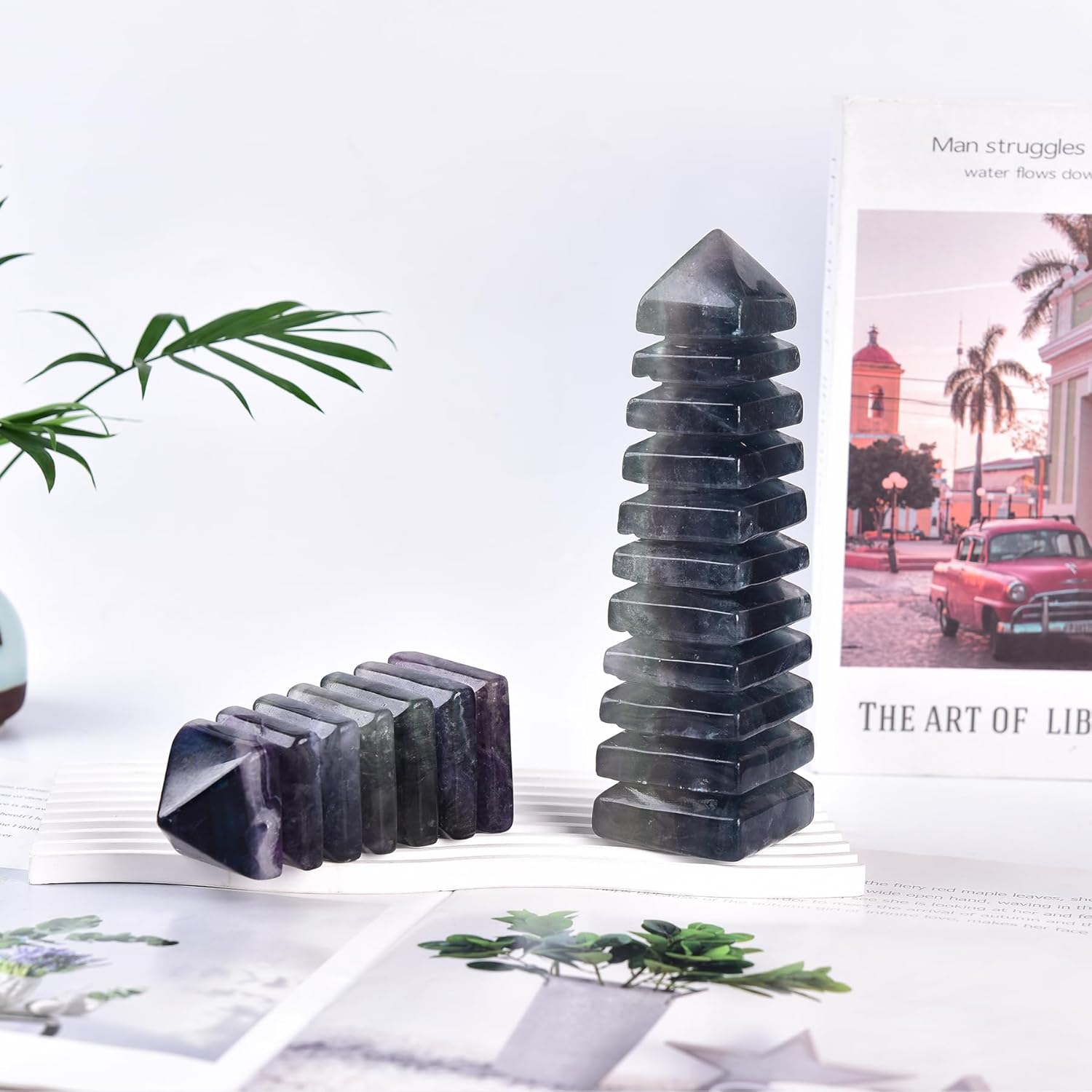 JIC Gem Natural Colorful Fluorite Crystal Carved Tower Multi-Storey Healing Crystal Wenchang Tower Statue Decoration Feng Shui Crystal Tower Collection Meditation Grid(0.8-1.3 lbs)