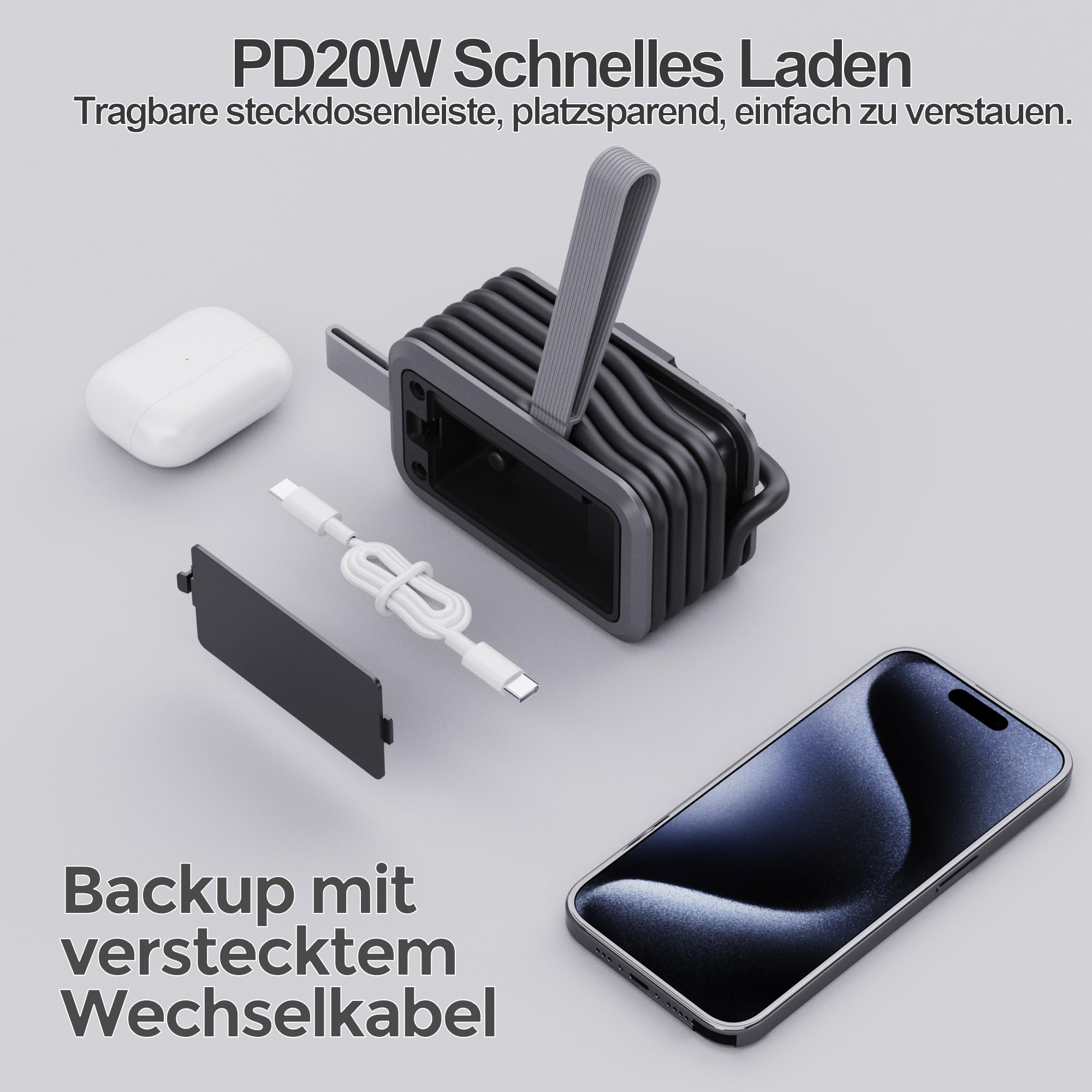 PD20W listwa zasilająca 4 w 1 z wtyczką USB i typu C, 3680 W, 16 A, adapter z wieloma gniazdami i kablem do transmisji danych, do iPada, iPhone'a, tabletów, szara