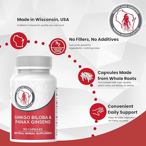 Miniatura 2 de Dairyland Management Panax Ginseng + Gingko Biloba Cápsulas 150ct 1000 mg de Panax Ginseng, 60 mg de Gingko Biloba por porción