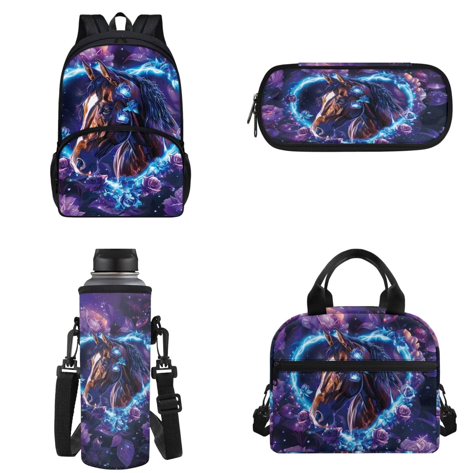 POLERO Floral Horse Backpacks for Girls Aesthetic Bookbags for Elementary Middle Schools 4Pcs Kids School Bag with Lunch Box