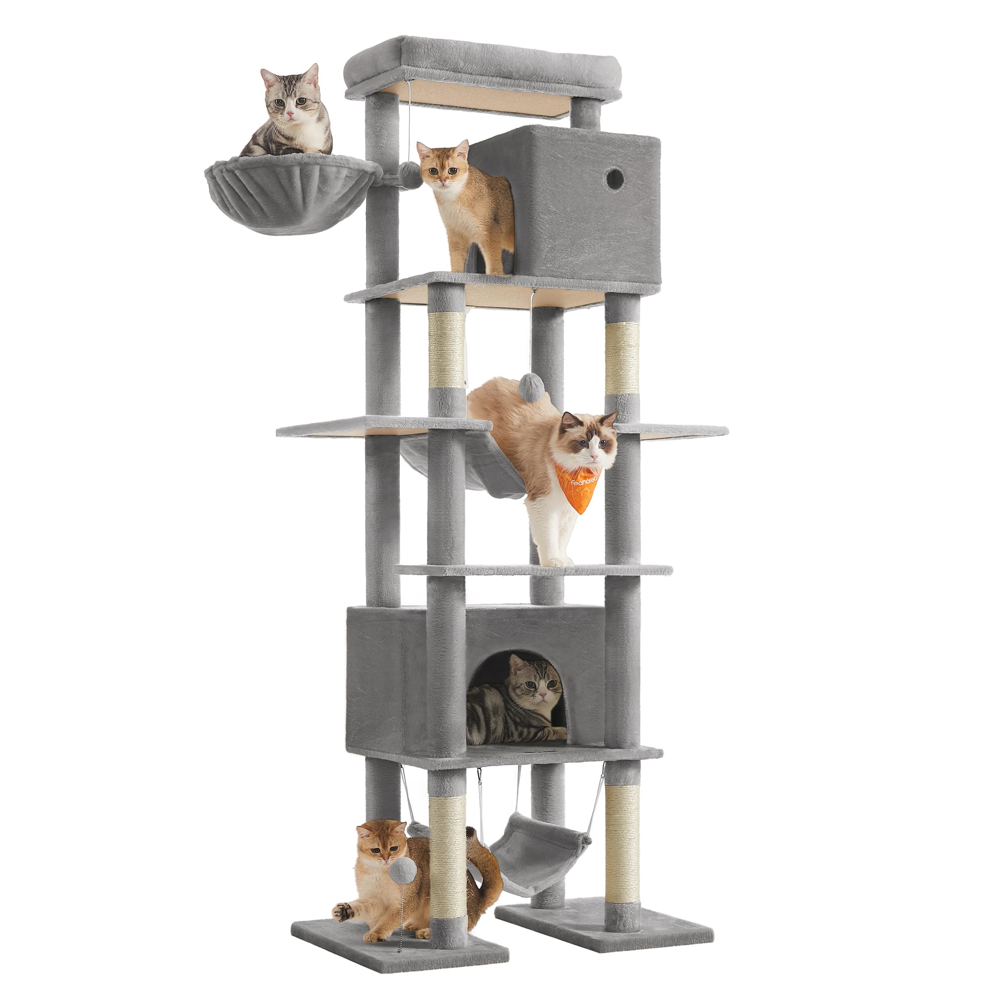 Feandrea Árbol Grande para Gatos, Rascador Multinivel para Gatos XXL, 201 cm de Altura, con una Plataforma, una Cesta, 2 Casas para Gatos, 2 hamacas, Gris Claro PCT195G01
