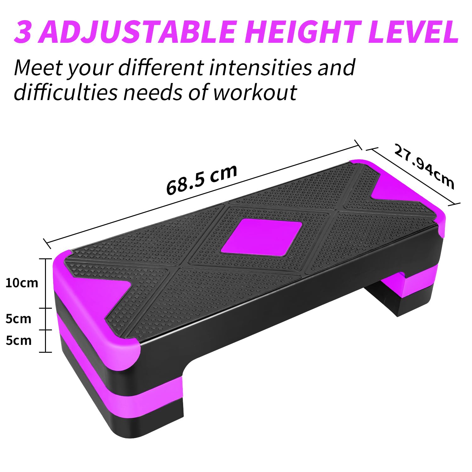Stepper do aerobiku z regulacją wysokości, z 3 stopniami, 10/15/20 cm, antypoślizgowy, do fitnessu, do domu, kolor fioletowy