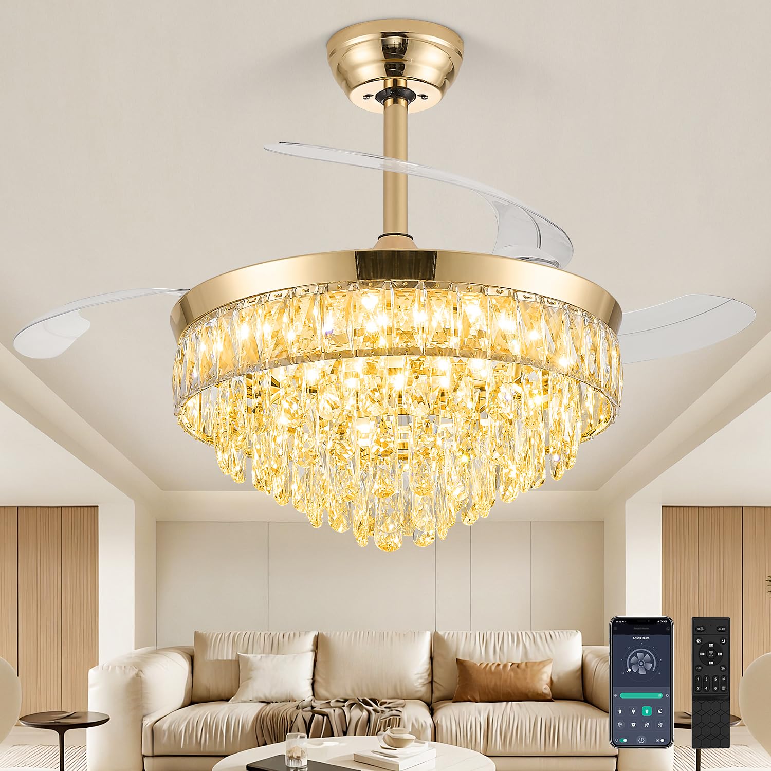 42'' Chandelier Ceiling Fan with Lights, Retractable Fan with Remote and APP, Crystal Fandelier Ceiling Fan, Dimmable LED, Reversible Motor, Quiet for Bedroom Living Room-Gold