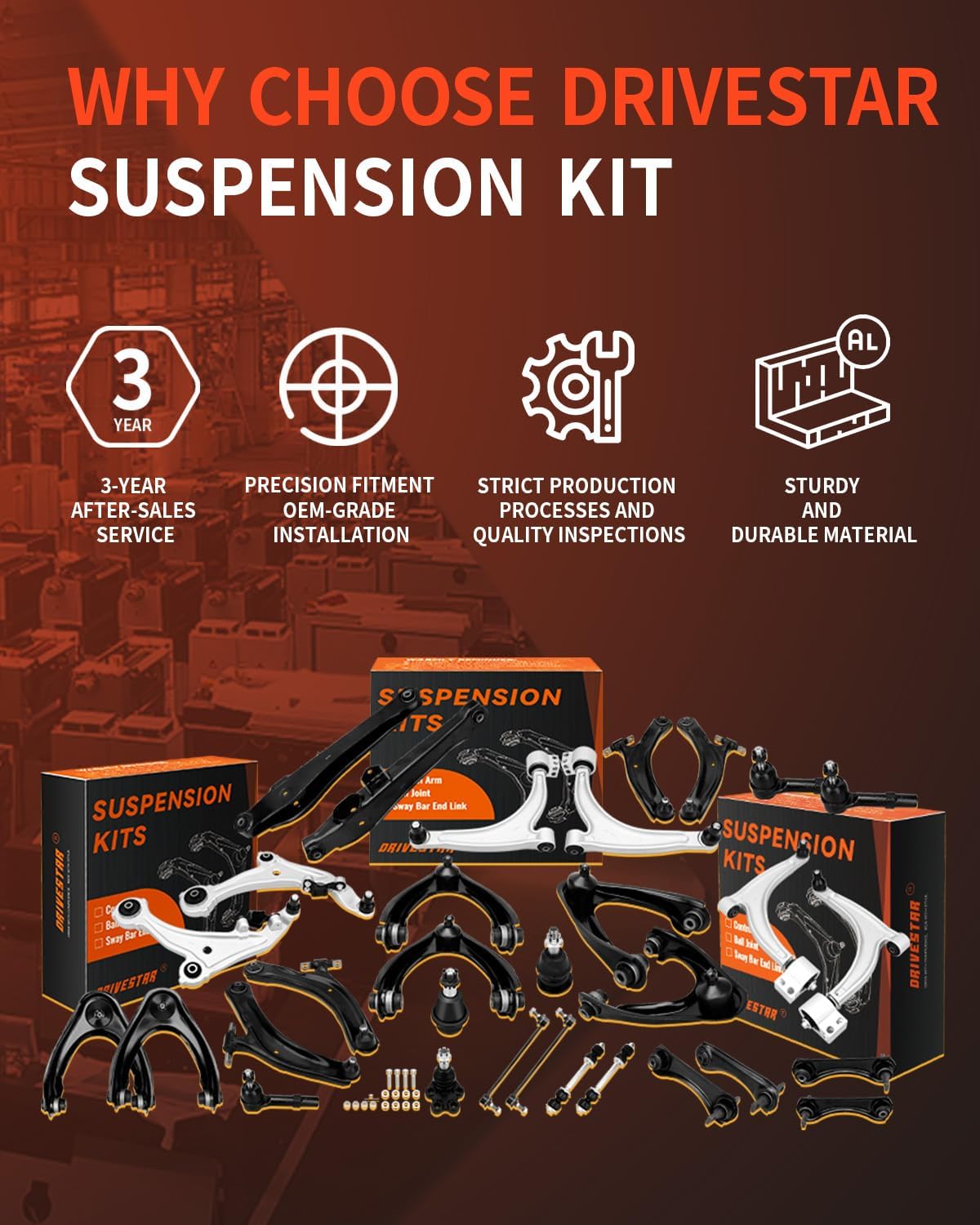DRIVESTAR Front End Suspension Kit, Control Arm w/Ball Joint, Sway Bar Links, Outer Inner Tie Rods Ends, for Toyota Corolla 2003-2008, K640361 K640360 K90309 K80230 EV470 ES80432 ES80431, 10PCS