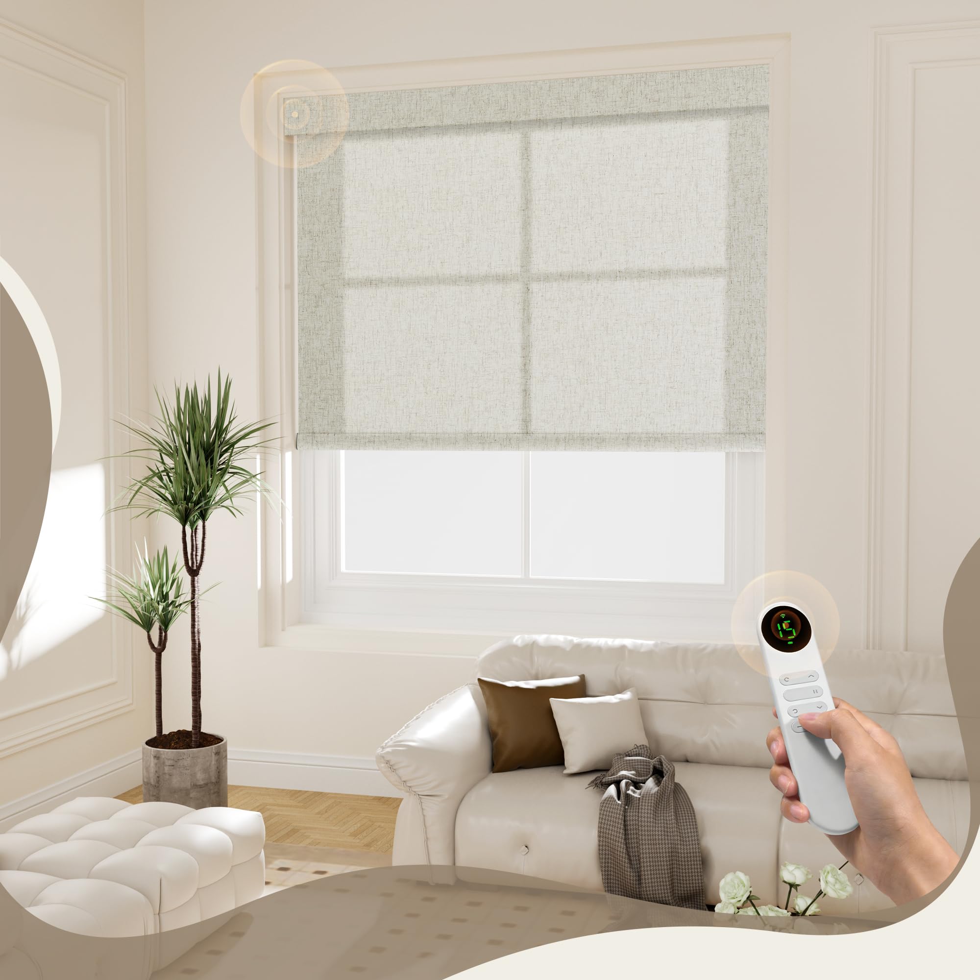 Boolegon Motorized Blinds with Remote, Light Filtering Hemp Spinning Fabric Electric Window Roller Shade, Works with Alexa, Google Home & Apple