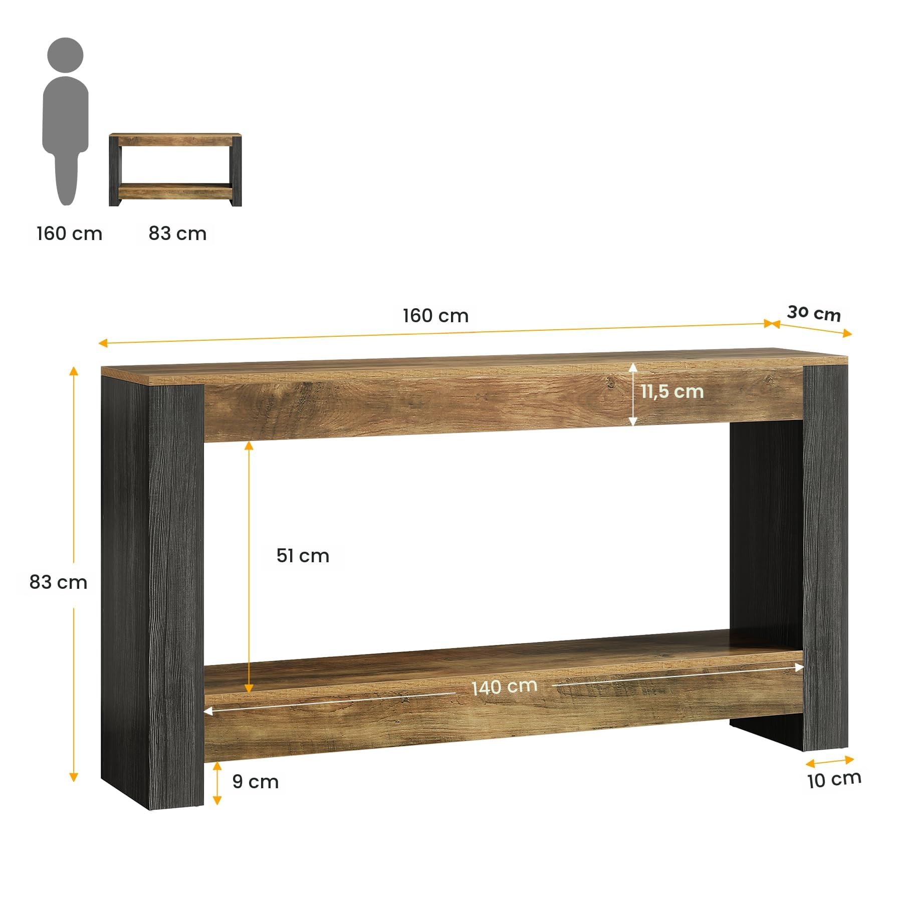 Tribesigns Tavolo consolle lungo 160 cm per ingresso, divano dietro il divano per soggiorno, corridoio, ingresso, foyer rustico marrone e nero