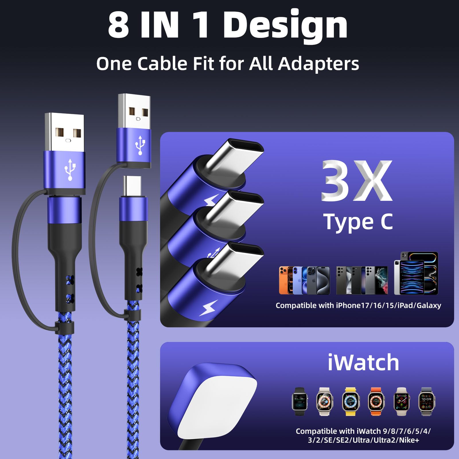Cruise Travel Essentials - Cavo di ricarica multiplo 4 in 2 con 3 porte di tipo C per iWatch, iPhone 17, cavo USB C Splitter USBA/USBC per iWatch Ultra/SE/11-2, iPhone17-15/S26/caricabatteria da auto