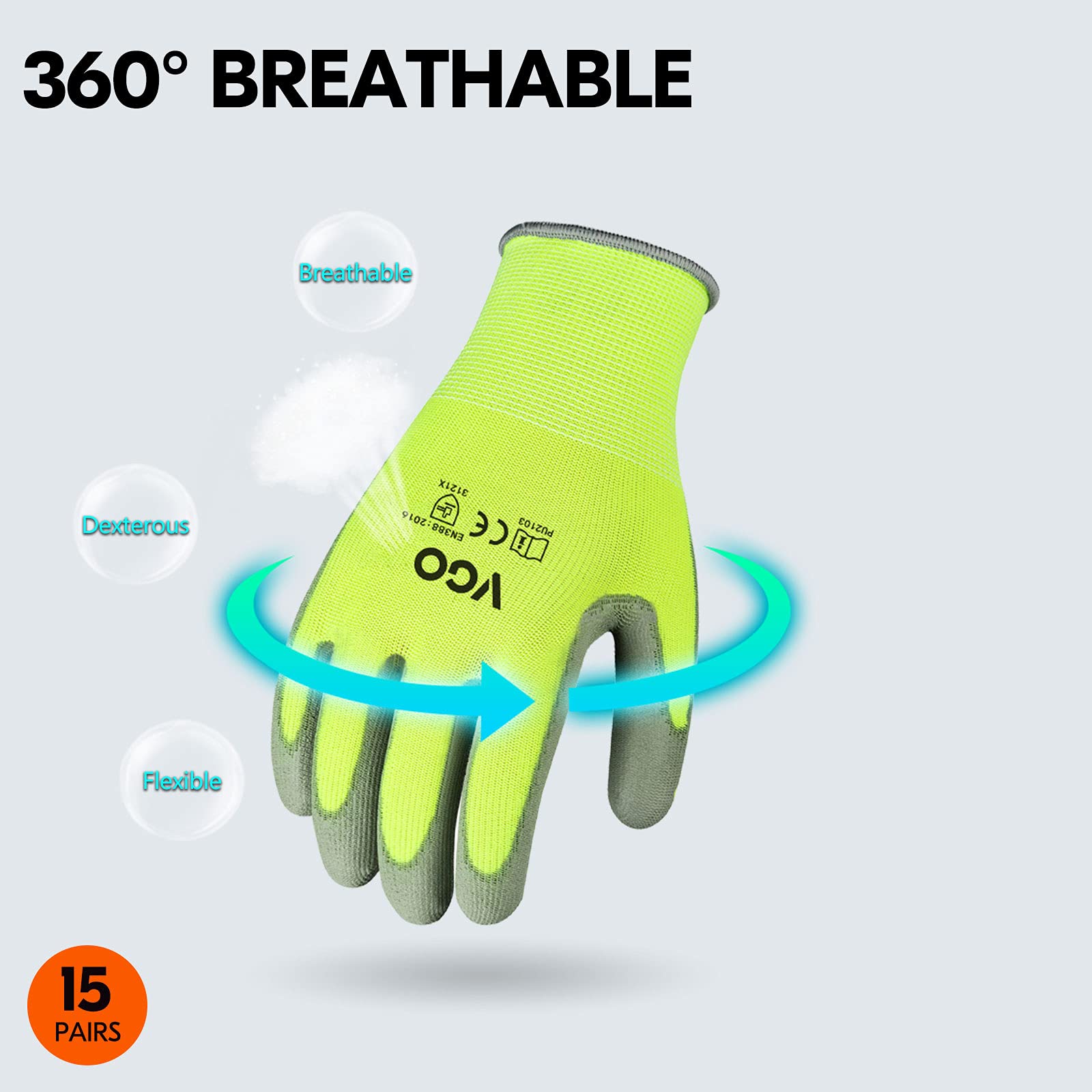 Vgo 15-Pairs Safety Work Gloves Gardening Gloves Polyurethane Coated Dipping Gloves Latex Free Size M Yellow PU2103 — view 4