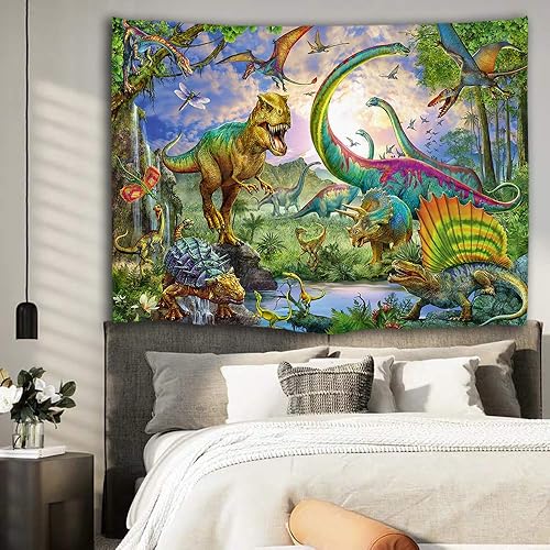 Miniatura 6 de Sevendec Tapiz de dinosaurio para colgar en la pared, diseño de animales salvajes, tropical, jurásico, naturaleza, decoración de pared para