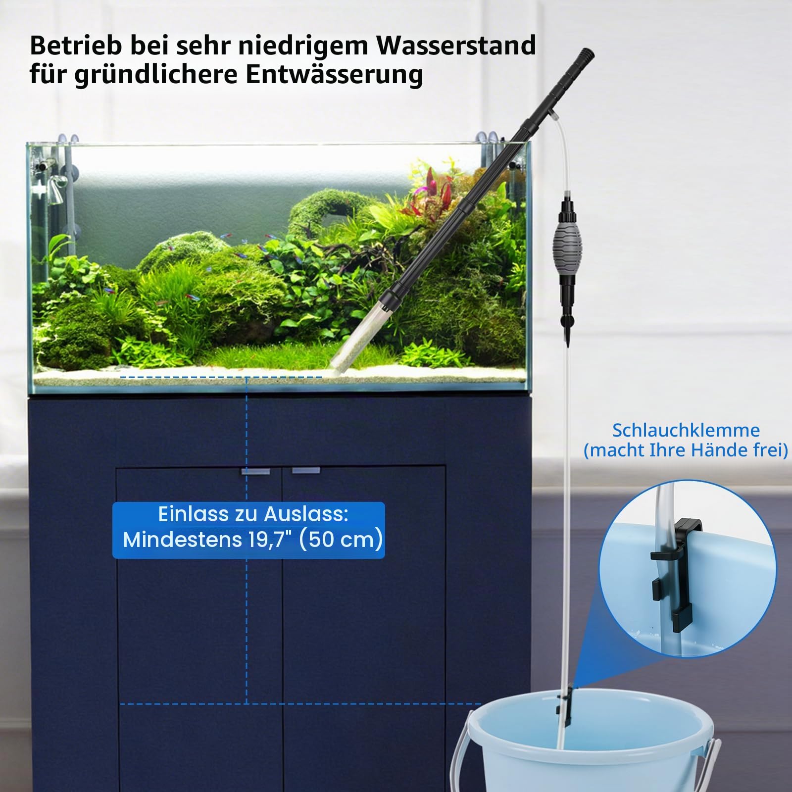 AQQA Aquarium Reiniger, Regulierbarer Durchfluss Mulmsauger Aquarium, Aquarium Sauger für Manuellen Wasserwechsel und Sandreinigung Mit Ergonomischem Griff