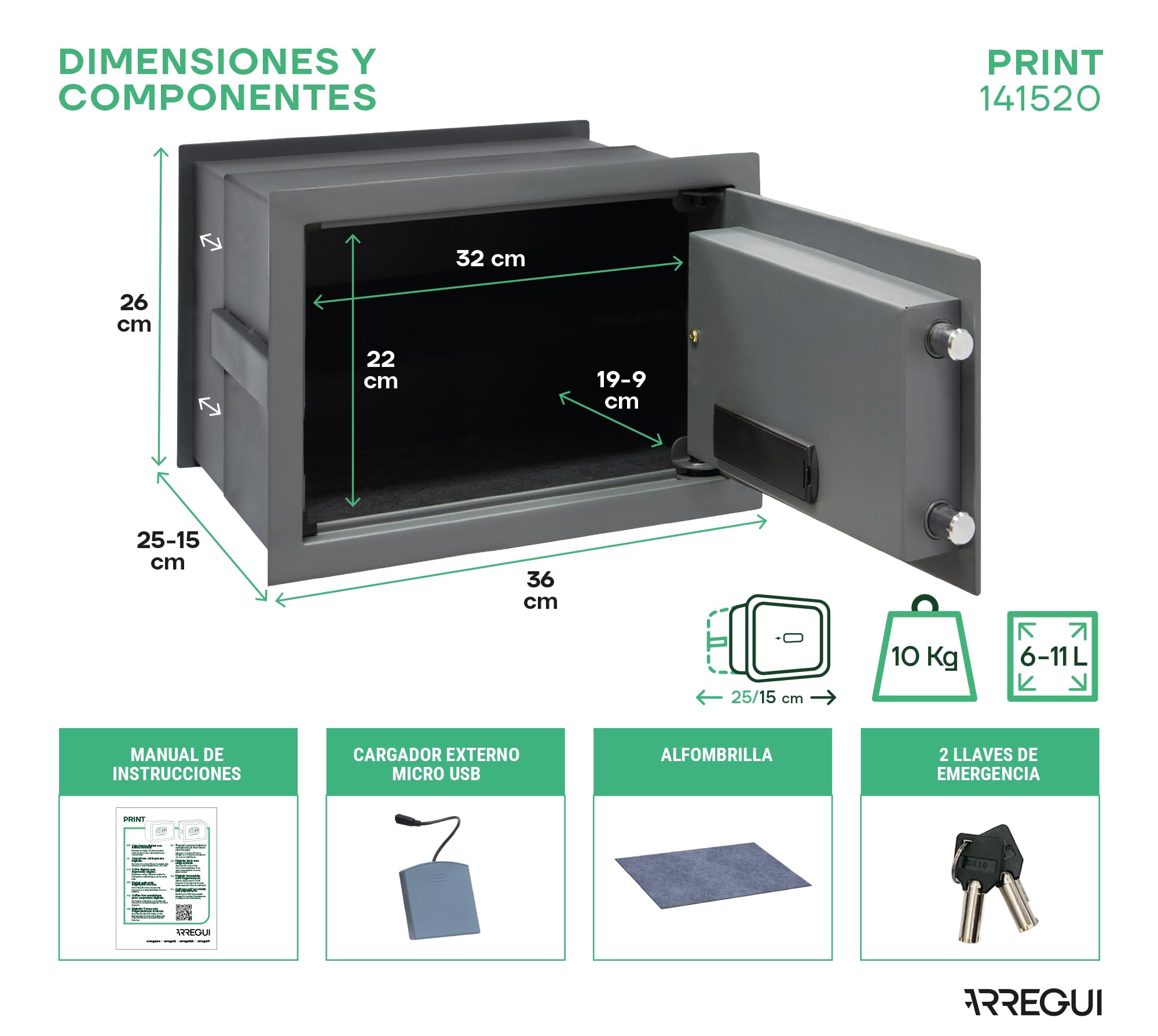 ARREGUI Print 141520 Caja fuerte de empotrar a pared con apertura mediante huella dactilar o con codigo|Caja de seguridad con lector biometrico para casa y hogar|Fundo extensible 26 x 35 x 15/25 cm