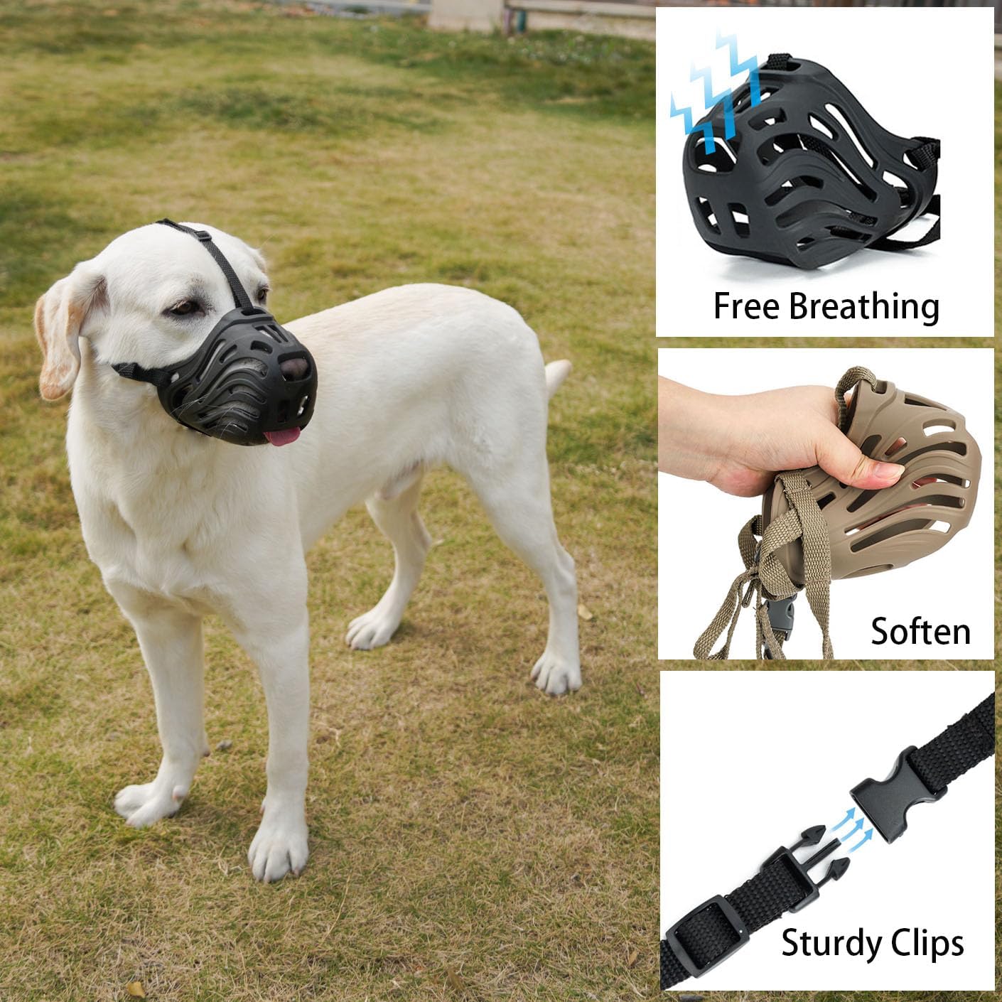 Condition photo showing New/Like New for dog muzzle for large dogs basket soft adjustable muzzle, dogs can pant and drink to prevent biting, chewing and barking (coffee, l-6)