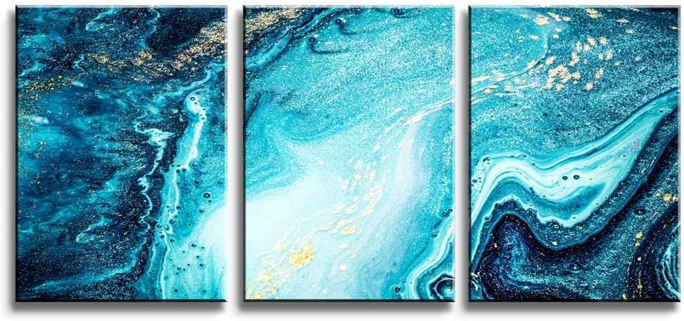 Ocean Abstract Canvas Wall Art Prints Waves Seascape Pictures Blue Painting Artwork 3 Pieces Framed for Living Room Bedroom Office Decoration, Ready to Hang (30x40″x3pcs)