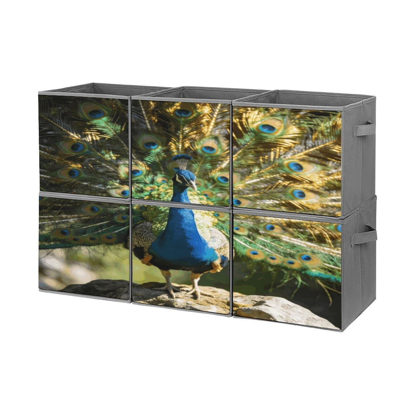 Fodpand Style Beautiful Peacock With Colorful Feathers Cube Bins With Double Handles,Set Of 6 Cube Organizer, Stackable And Foldable Storage Bins For Organization, Closet, Shelves, Offices