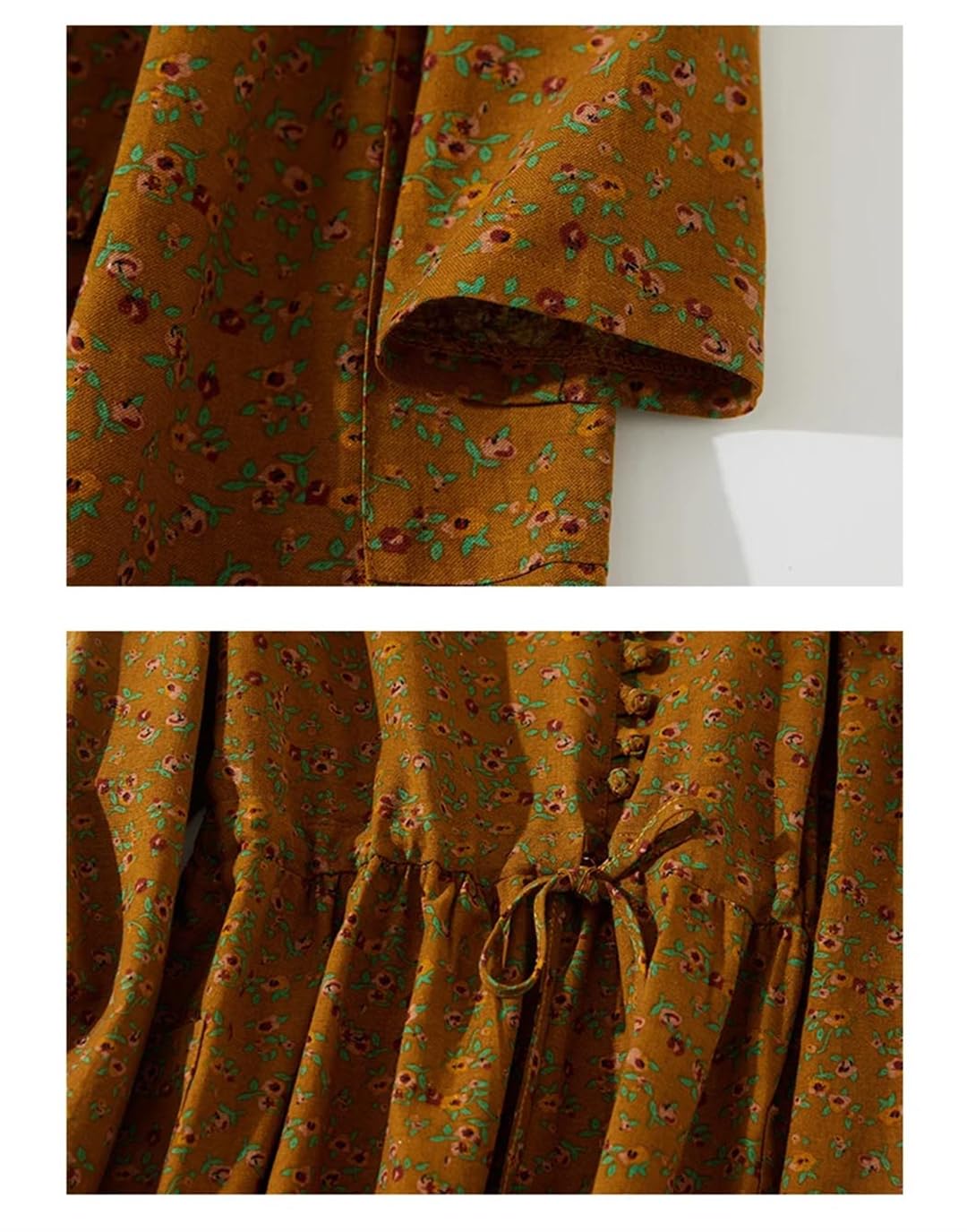 Vestido de algodón y lino con estampado floral para mujer, manga larga, cuello alto, casual, vestido midi, 666, XXL