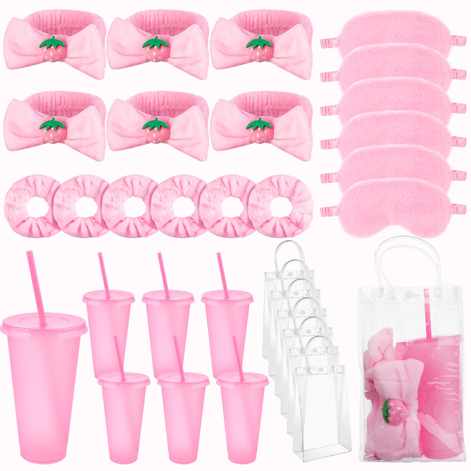 30 Pièces kit Soirée Pyjama Fille Cadeau 6 Chouchous Mignons Pour Femmes 6 Spa Masques de Sommeil En Peluche Rose 6 Gobelets à Paillettes RéUtilisables 6 Bandeaux de Maquillage 6trousses de Maquillage